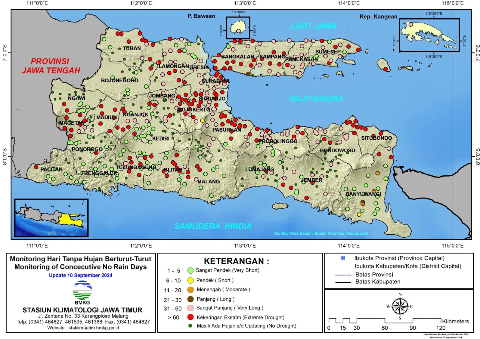 ( Analisis - Dasarian ) Monitoring Hari Tanpa Hujan Berturut-Turut Update 10 September Tahun 2024 di Provinsi Jawa Timur