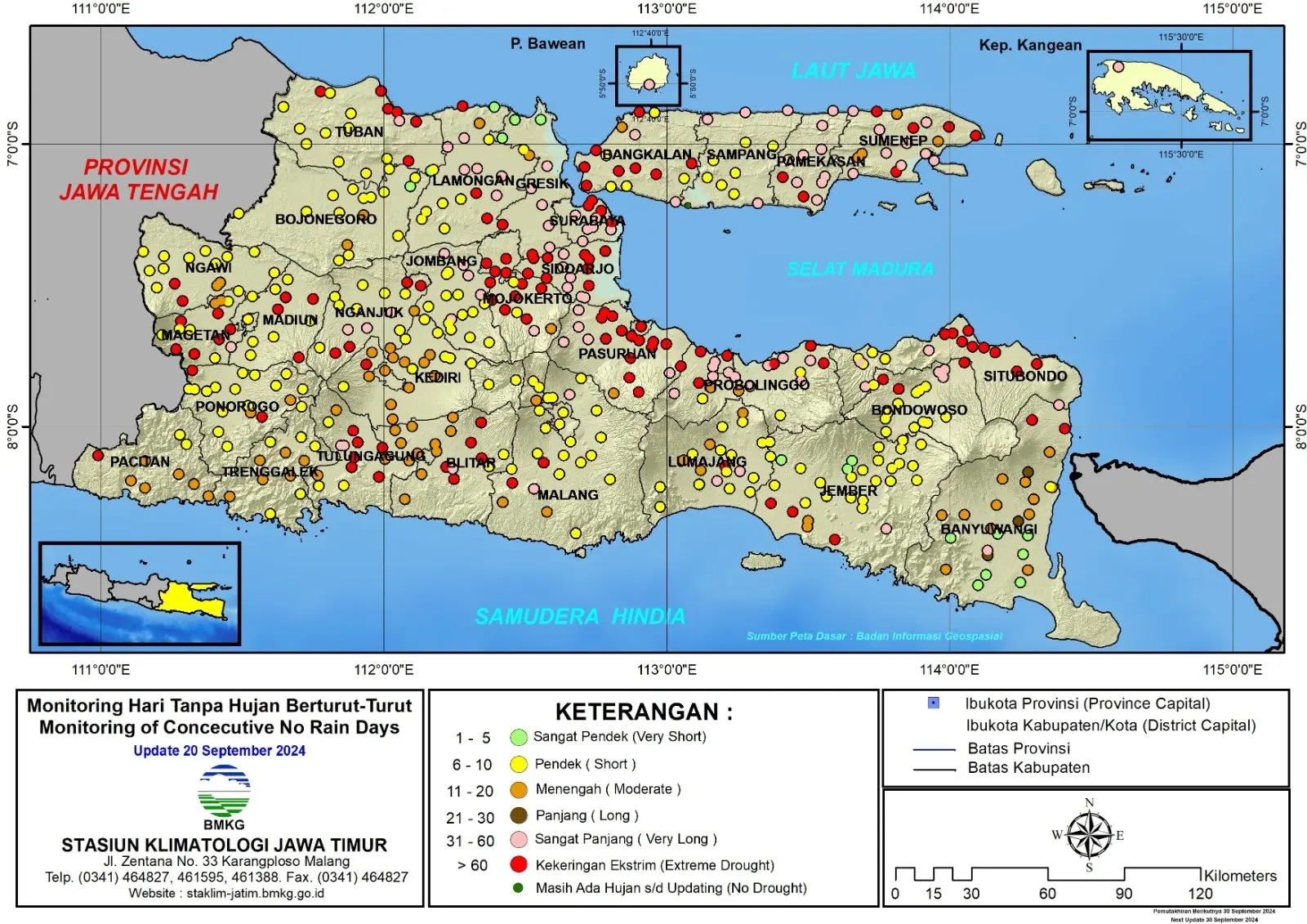 ( Analisis - Dasarian ) Monitoring Hari Tanpa Hujan Berturut-Turut Update 20 September Tahun 2024 di Provinsi Jawa Timur