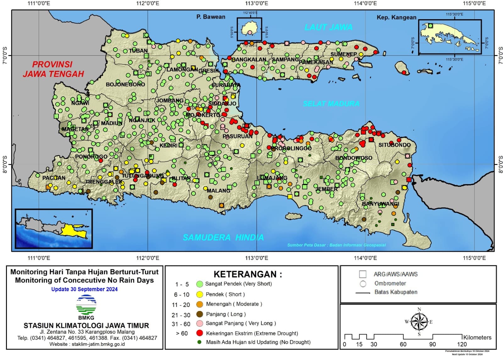 ( Analisis - Dasarian ) Monitoring Hari Tanpa Hujan Berturut-Turut Update 30 September Tahun 2024 di Provinsi Jawa Timur