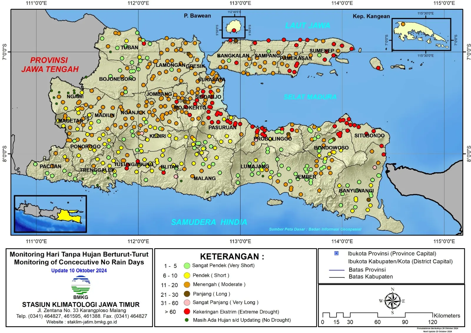 ( Analisis - Dasarian ) Monitoring Hari Tanpa Hujan Berturut-Turut Update 10 Oktober Tahun 2024 di Provinsi Jawa Timur