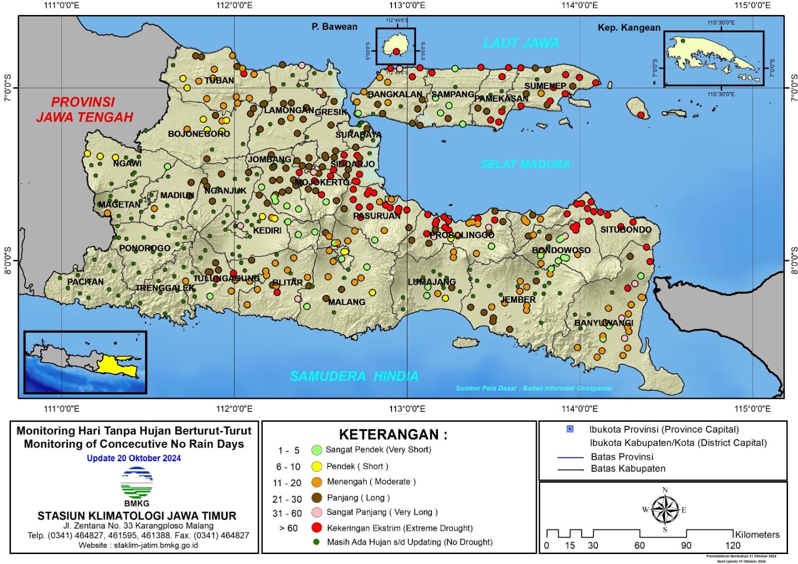 ( Analisis - Dasarian ) Monitoring Hari Tanpa Hujan Berturut-Turut Update 20 Oktober Tahun 2024 di Provinsi Jawa Timur