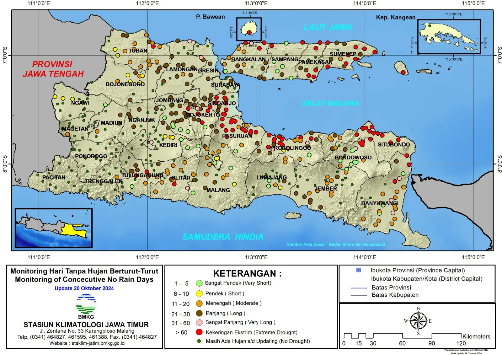 ( Analisis - Dasarian ) Monitoring Hari Tanpa Hujan Berturut-Turut Update 20 Oktober Tahun 2024 di Provinsi Jawa Timur