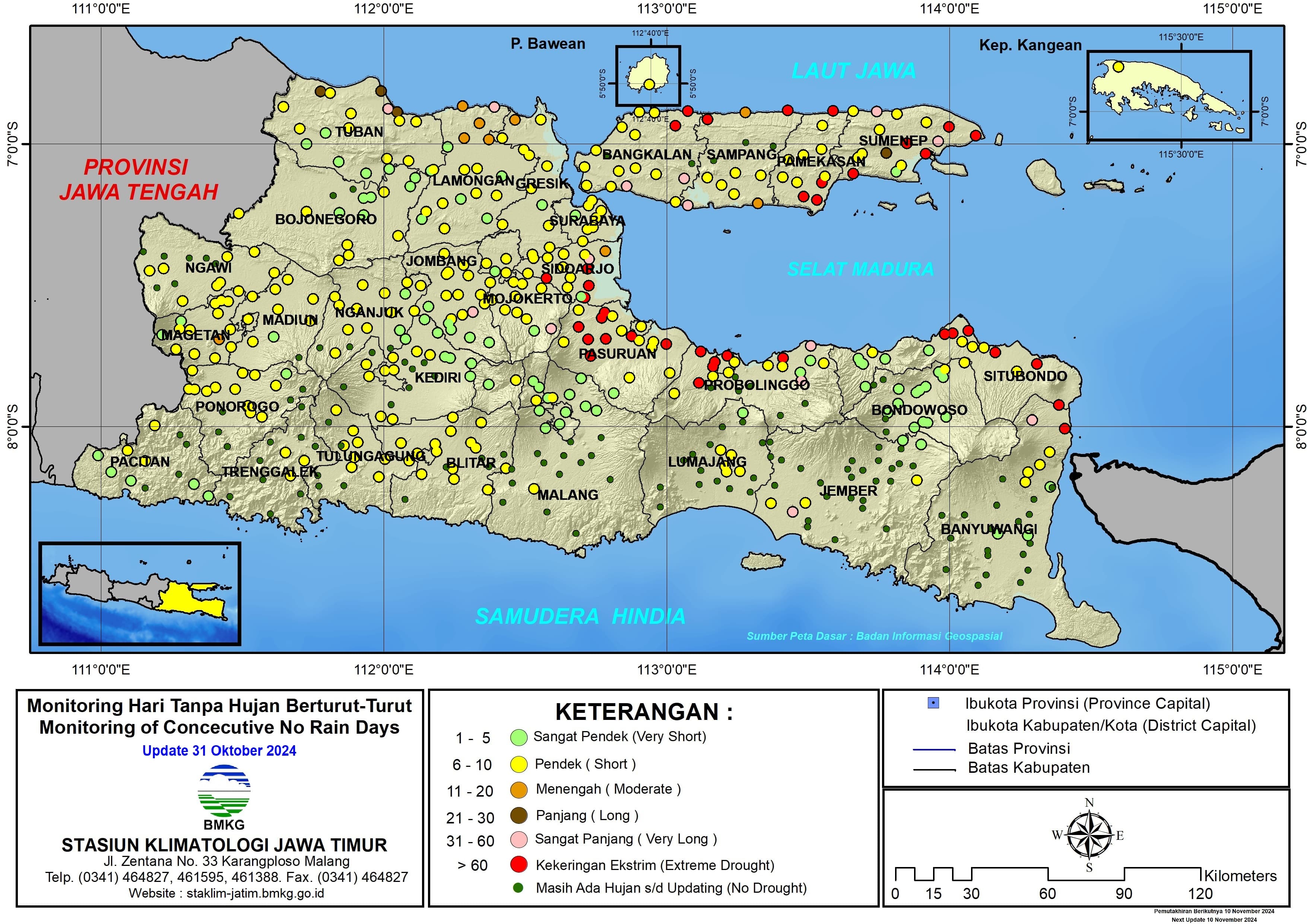 ( Analisis - Dasarian ) Monitoring Hari Tanpa Hujan Berturut-Turut Update 31 Oktober Tahun 2024 di Provinsi Jawa Timur