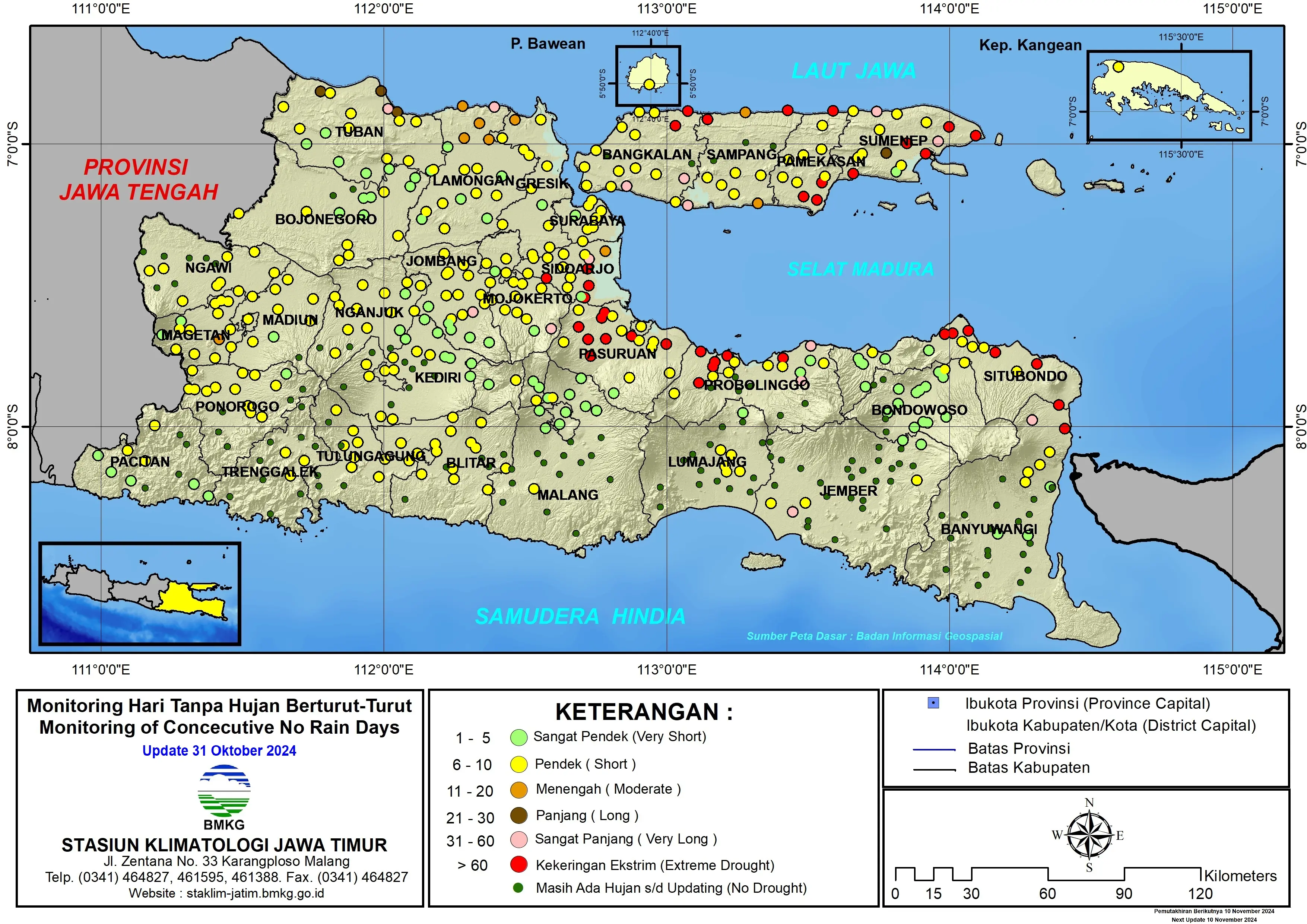 ( Analisis - Dasarian ) Monitoring Hari Tanpa Hujan Berturut-Turut Update 31 Oktober Tahun 2024 di Provinsi Jawa Timur