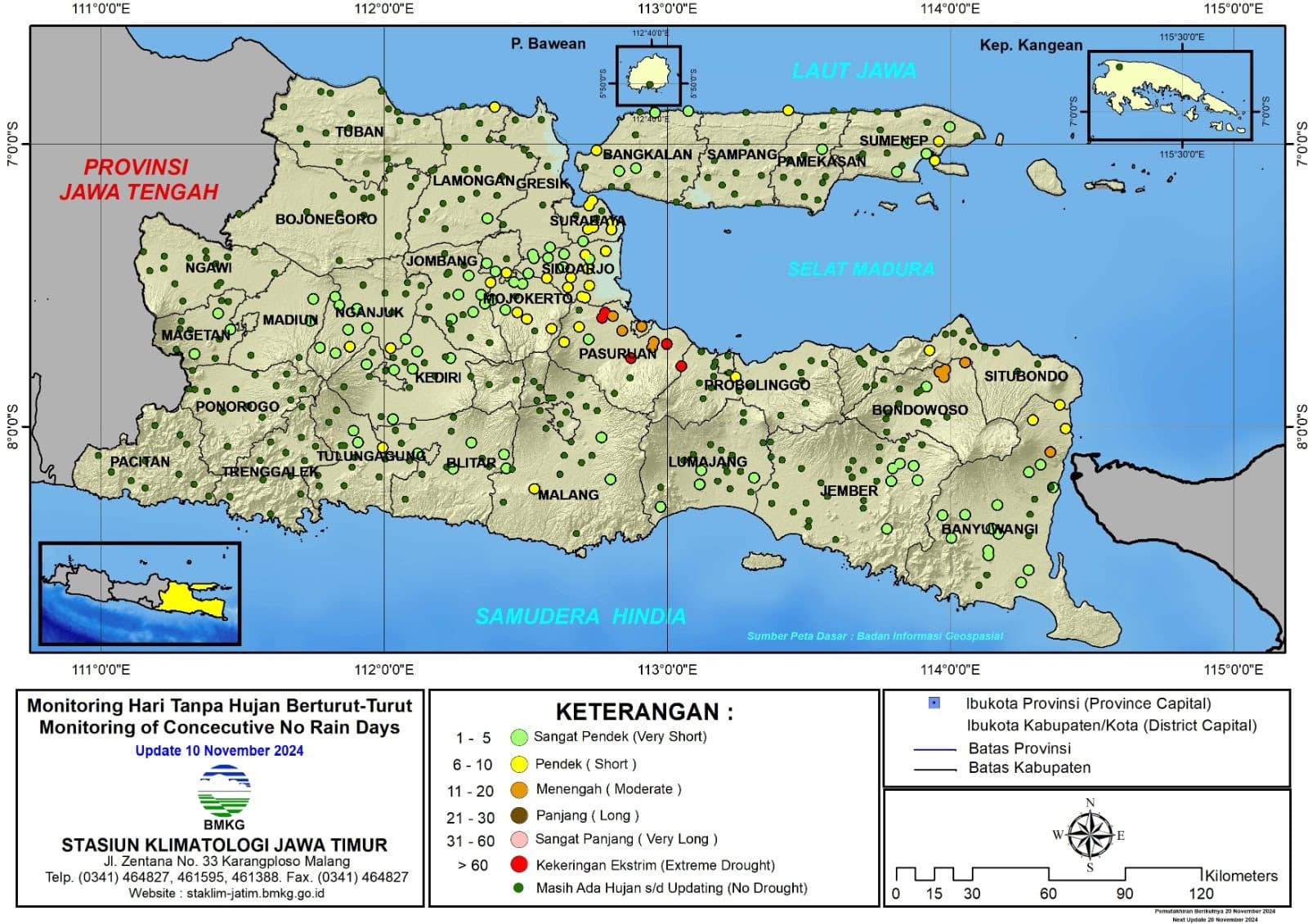 ( Analisis - Dasarian ) Monitoring Hari Tanpa Hujan Berturut-Turut Update 10 November Tahun 2024 di Provinsi Jawa Timur