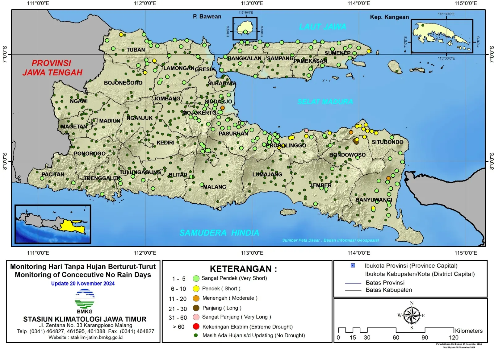 ( Analisis - Dasarian ) Monitoring Hari Tanpa Hujan Berturut-Turut Update 20 November Tahun 2024 di Provinsi Jawa Timur