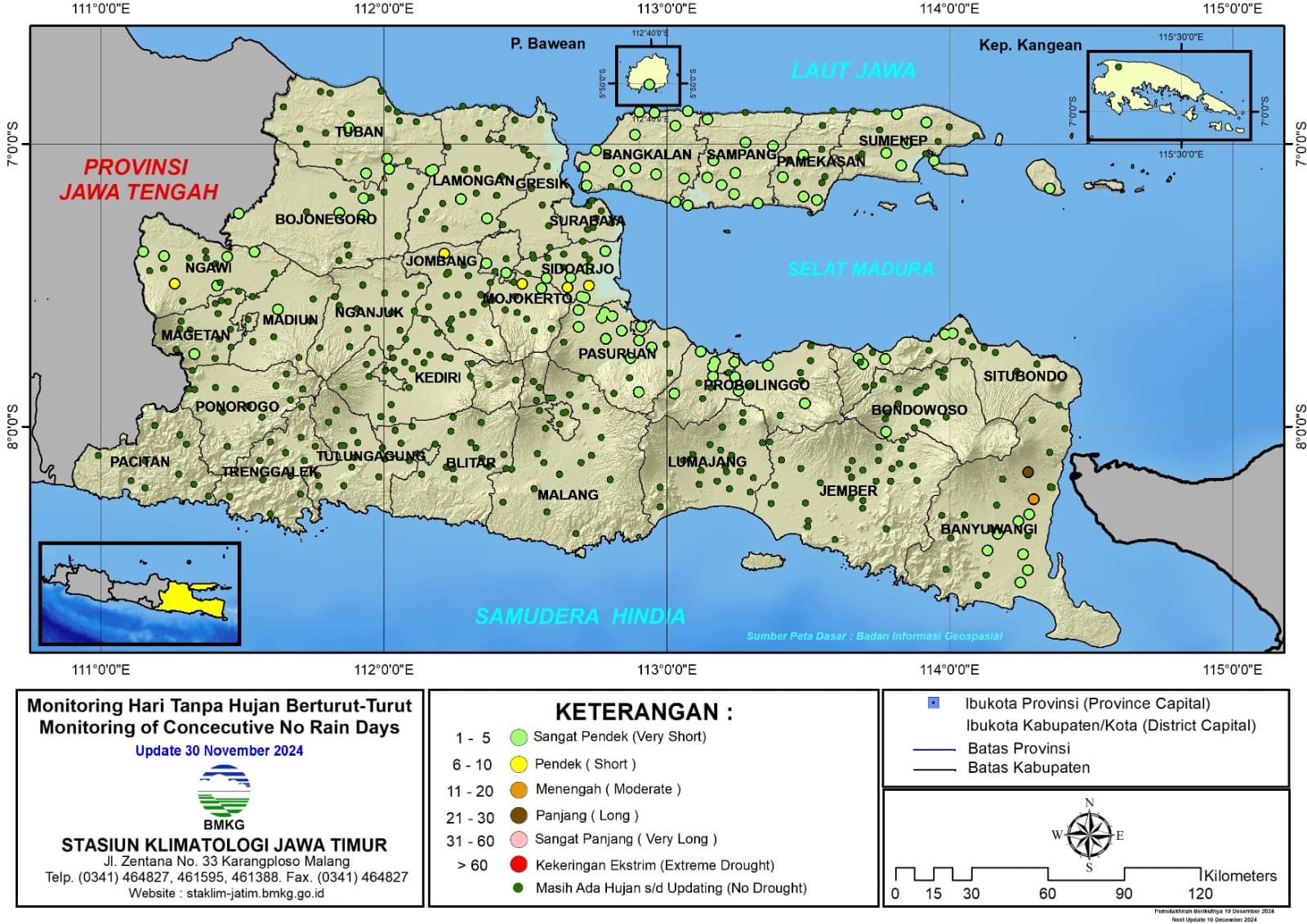( Analisis - Dasarian ) Monitoring Hari Tanpa Hujan Berturut-Turut Update 30 November Tahun 2024 di Provinsi Jawa Timur