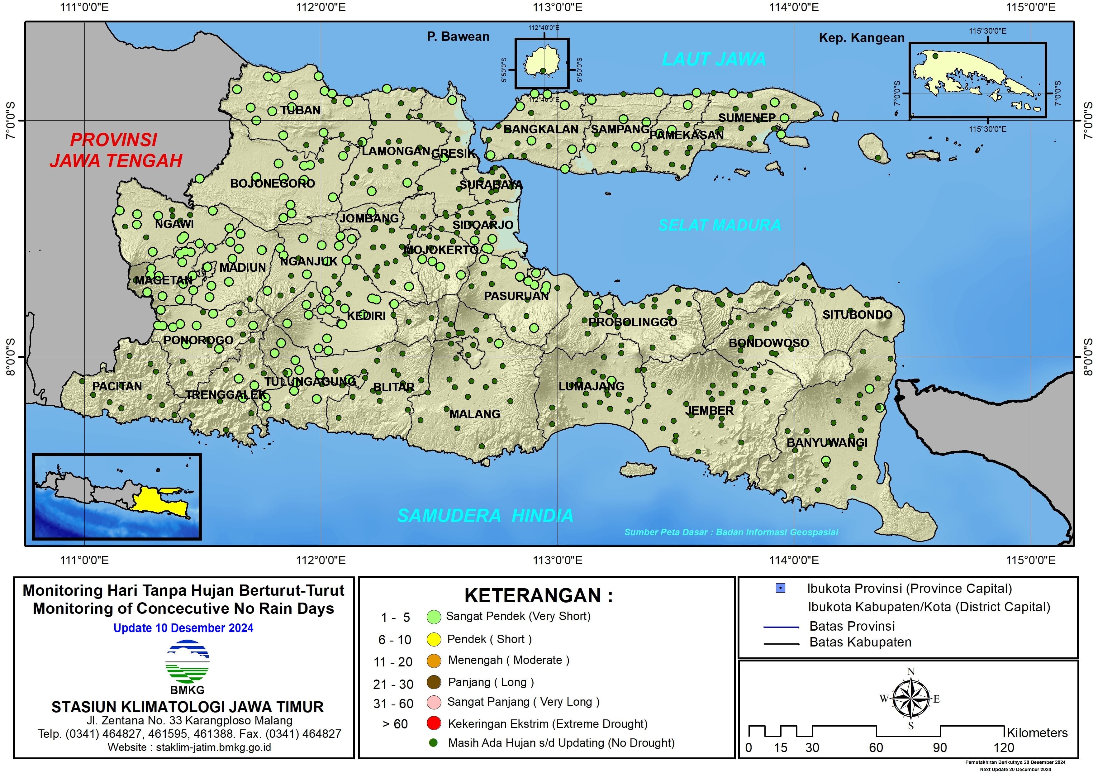( Analisis - Dasarian ) Monitoring Hari Tanpa Hujan Berturut-Turut Update 10 Desember Tahun 2024 di Provinsi Jawa Timur