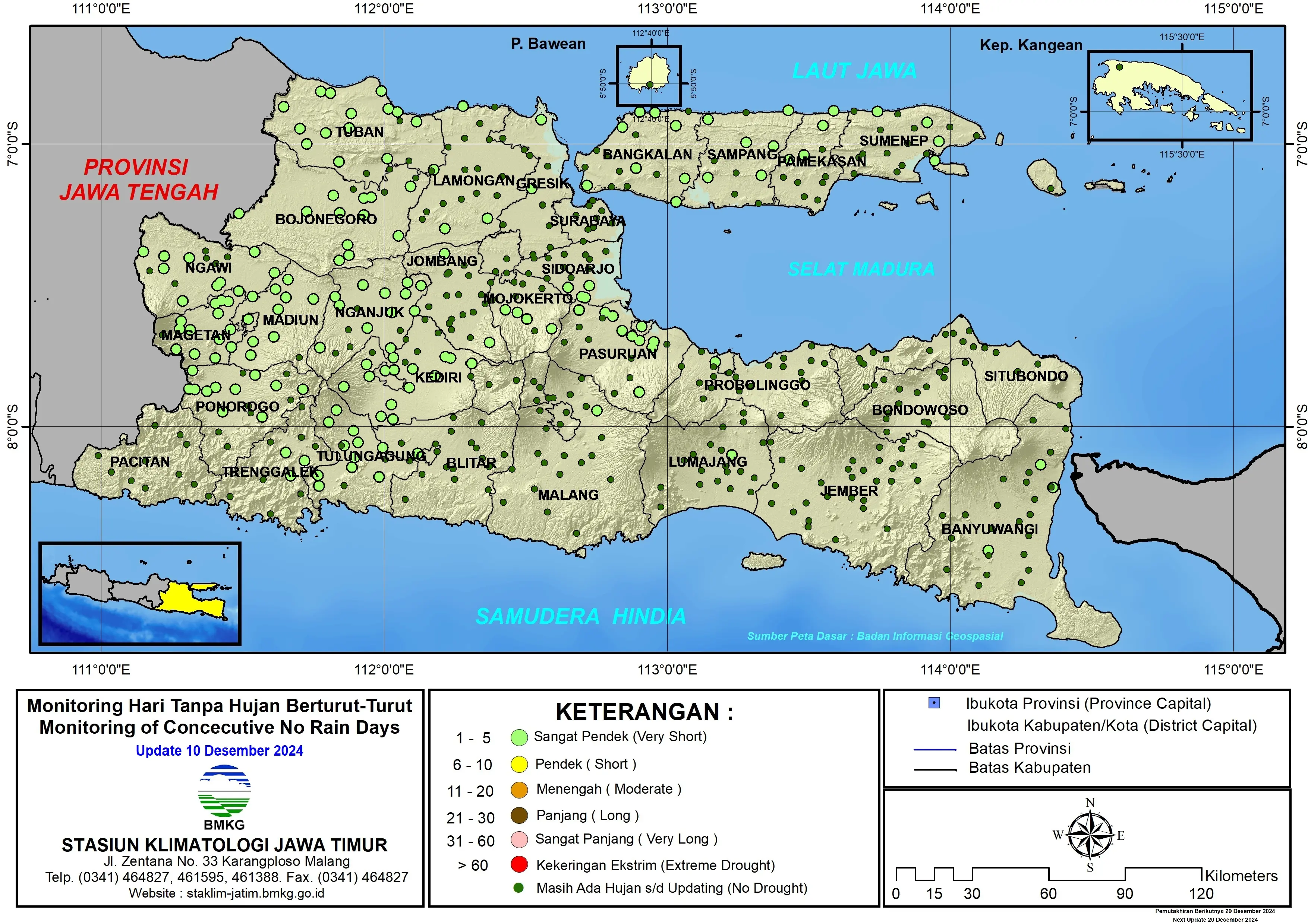 ( Analisis - Dasarian ) Monitoring Hari Tanpa Hujan Berturut-Turut Update 10 Desember Tahun 2024 di Provinsi Jawa Timur