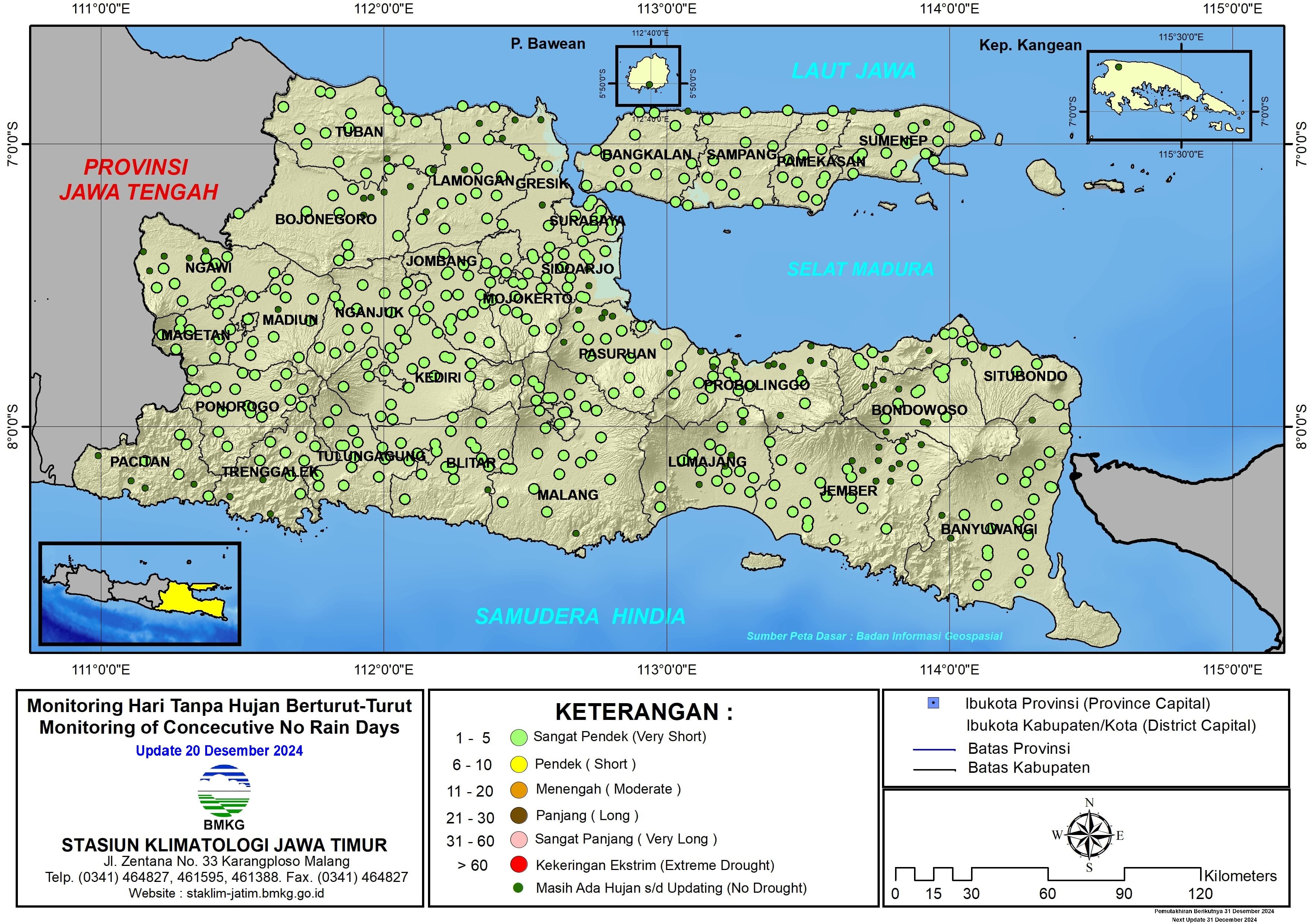 ( Analisis - Dasarian ) Monitoring Hari Tanpa Hujan Berturut-Turut Update 20 Desember Tahun 2024 di Provinsi Jawa Timur