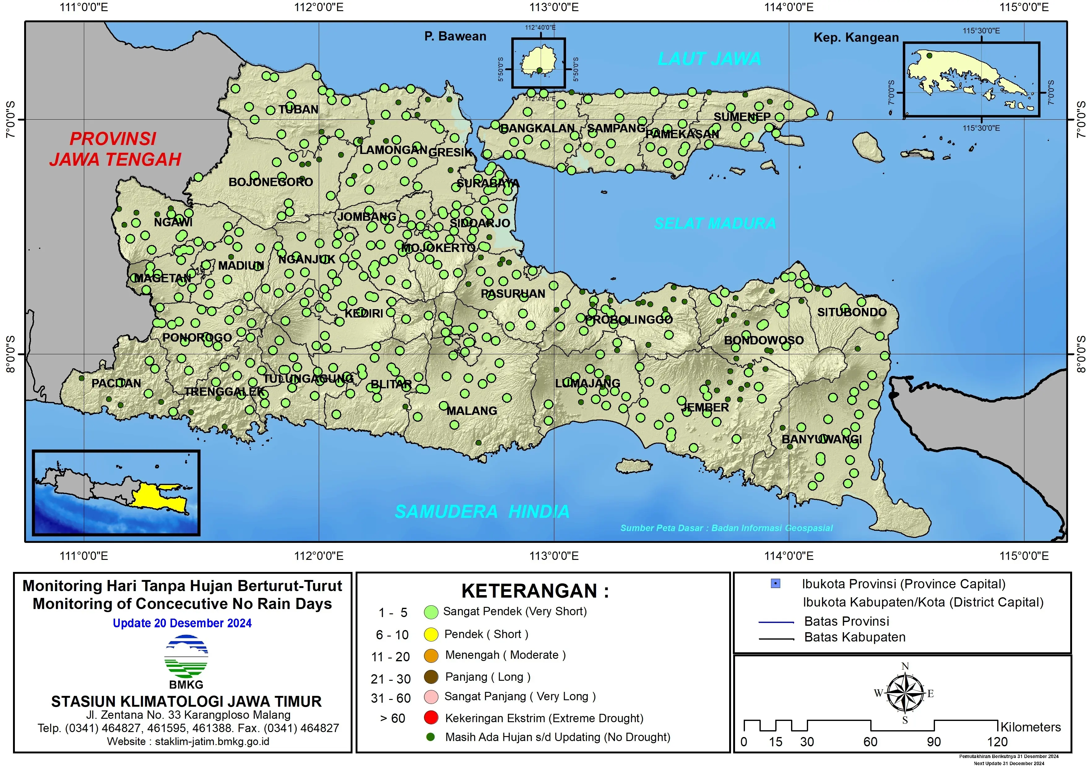 ( Analisis - Dasarian ) Monitoring Hari Tanpa Hujan Berturut-Turut Update 20 Desember Tahun 2024 di Provinsi Jawa Timur