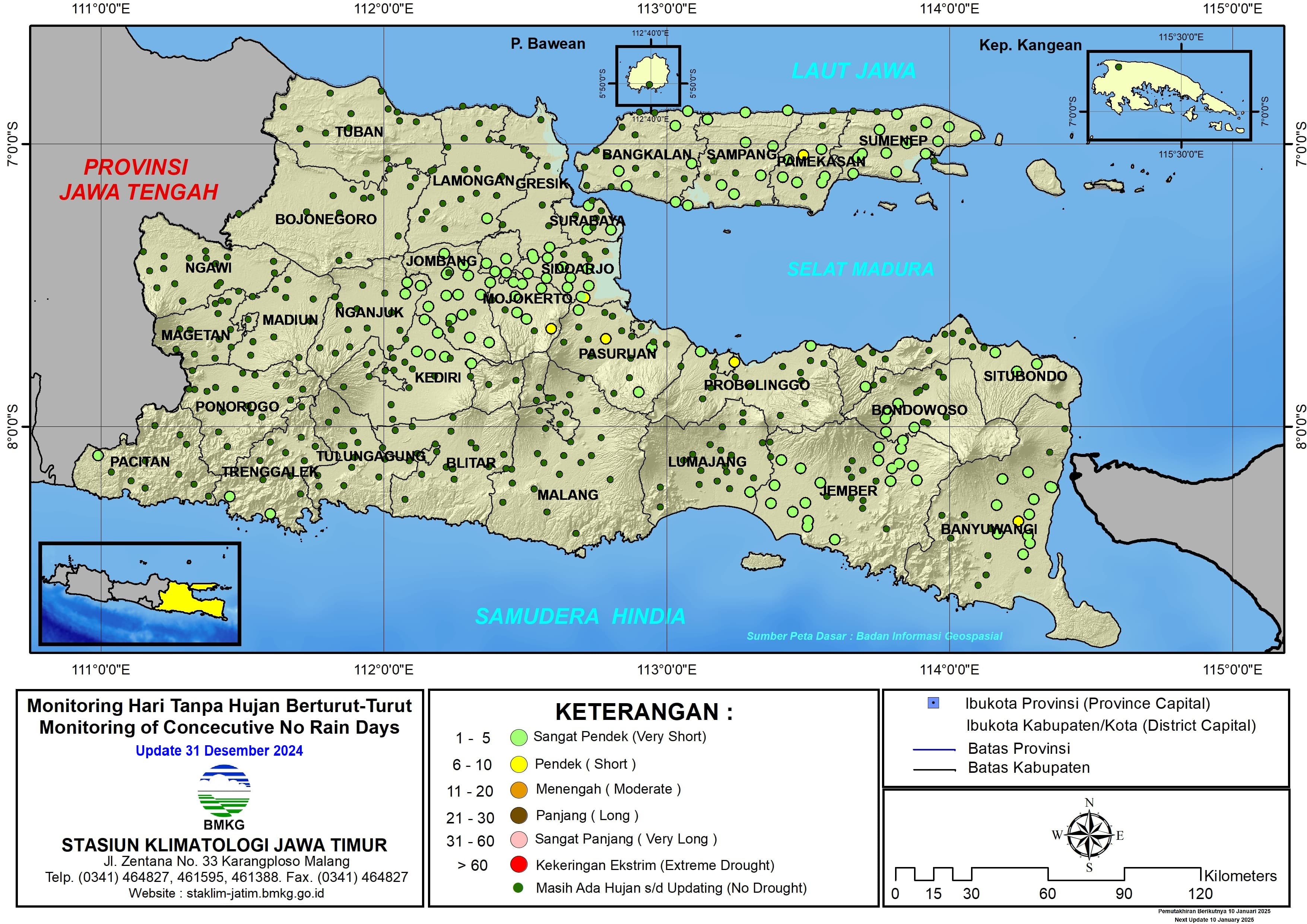( Analisis - Dasarian ) Monitoring Hari Tanpa Hujan Berturut-Turut Update 31 Desember Tahun 2024 di Provinsi Jawa Timur