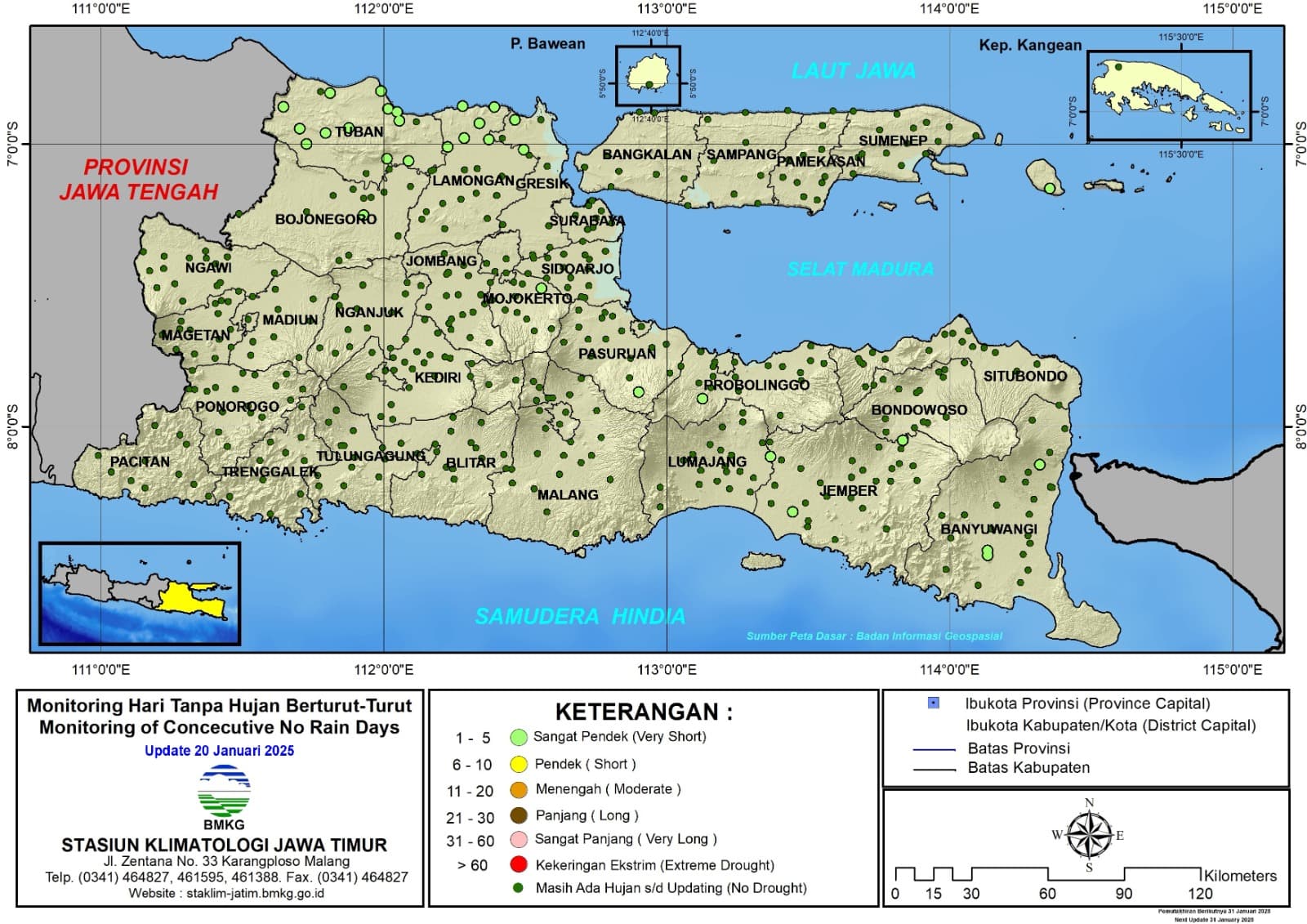 ( Analisis - Dasarian ) Monitoring Hari Tanpa Hujan Berturut-Turut Update 20 Januari Tahun 2025 di Provinsi Jawa Timur
