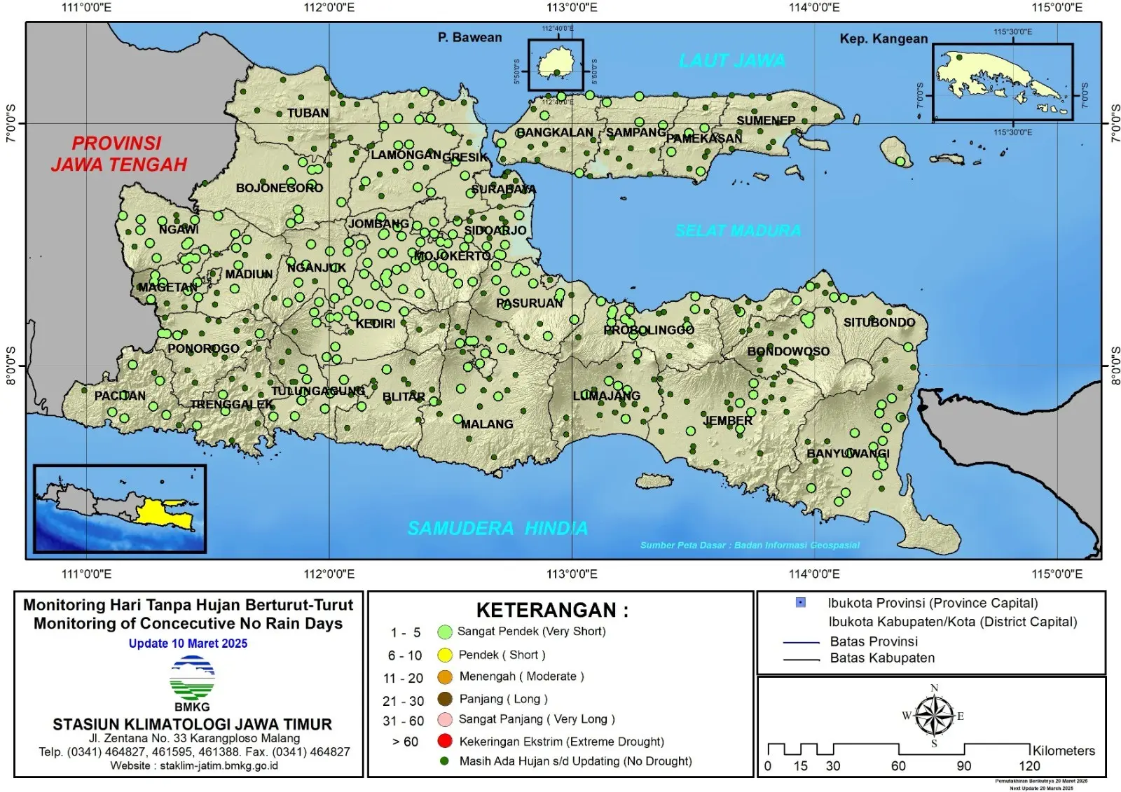 ( Analisis - Dasarian ) Monitoring Hari Tanpa Hujan Berturut-Turut Update 10 Maret Tahun 2025 di Provinsi Jawa Timur
