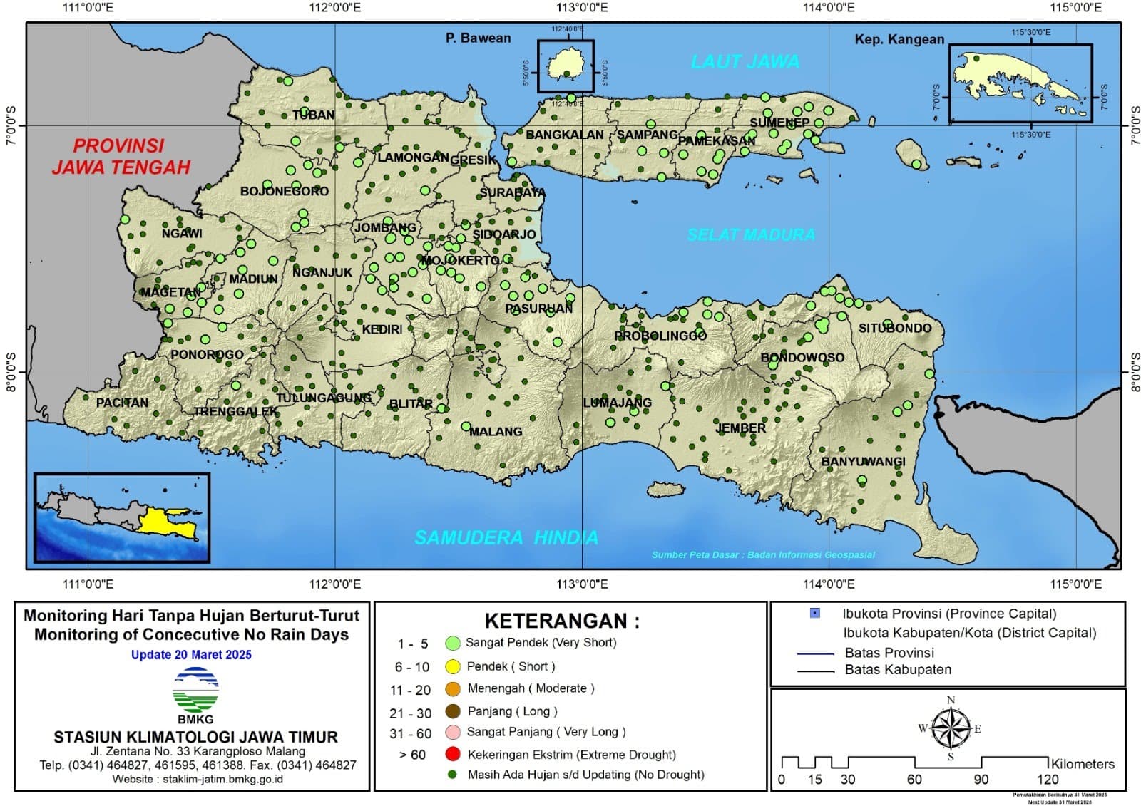 ( Analisis - Dasarian ) Monitoring Hari Tanpa Hujan Berturut-Turut Update 20 Maret Tahun 2025 di Provinsi Jawa Timur
