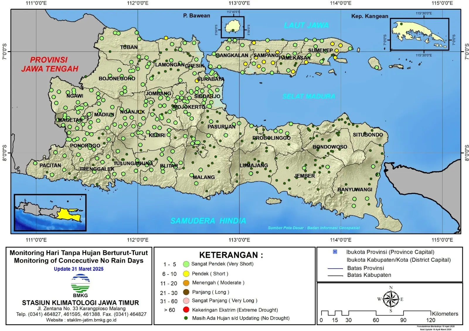 ( Analisis - Dasarian ) Monitoring Hari Tanpa Hujan Berturut-Turut Update 31 Maret Tahun 2025 di Provinsi Jawa Timur