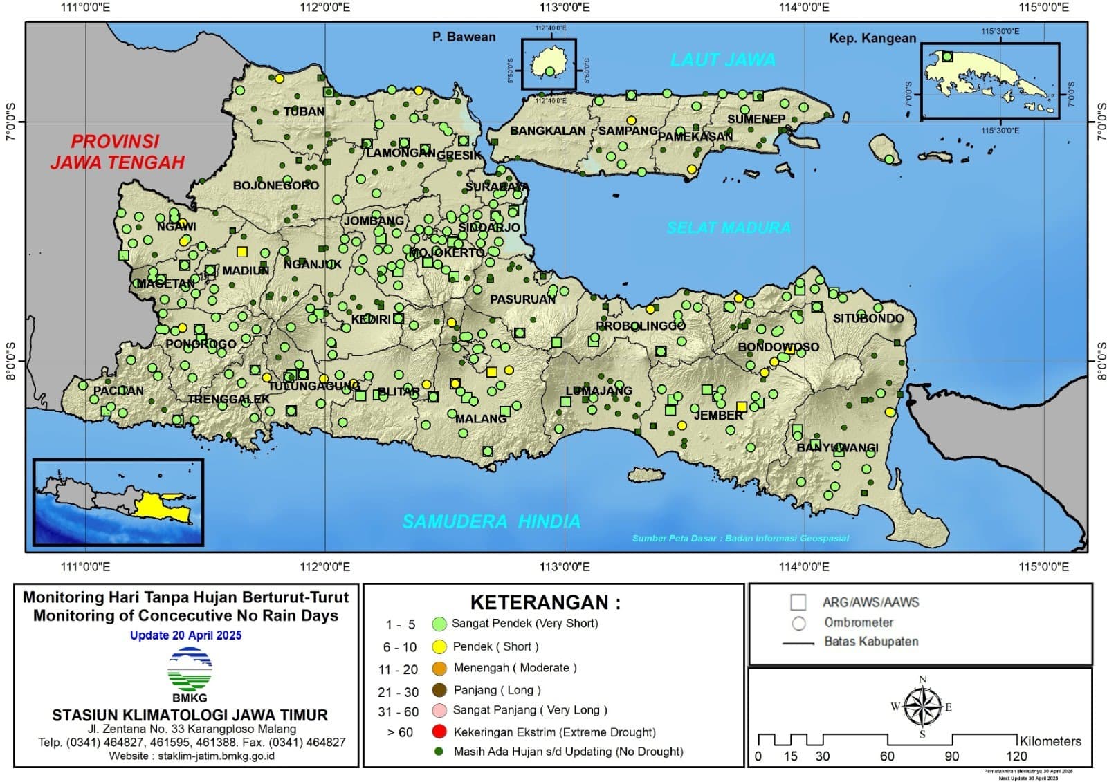 ( Analisis - Dasarian ) Monitoring Hari Tanpa Hujan Berturut-Turut Update 20 April Tahun 2025 di Provinsi Jawa Timur