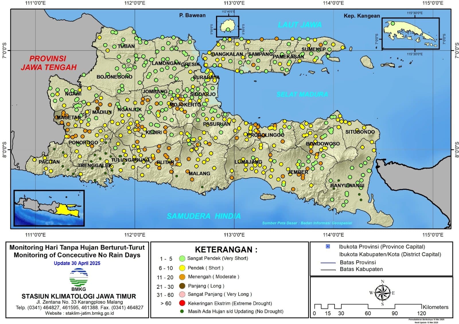( Analisis - Dasarian ) Monitoring Hari Tanpa Hujan Berturut-Turut Update 30 April Tahun 2025 di Provinsi Jawa Timur