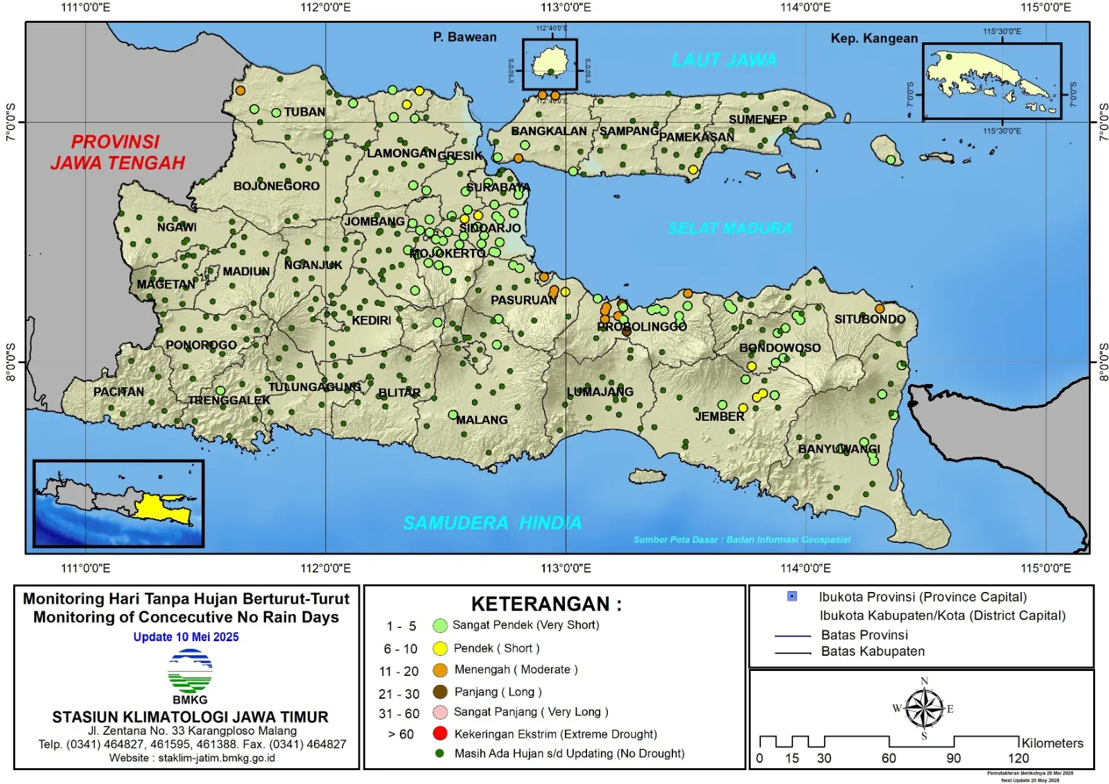 ( Analisis - Dasarian ) Monitoring Hari Tanpa Hujan Berturut-Turut Update 10 Mei Tahun 2025 di Provinsi Jawa Timur