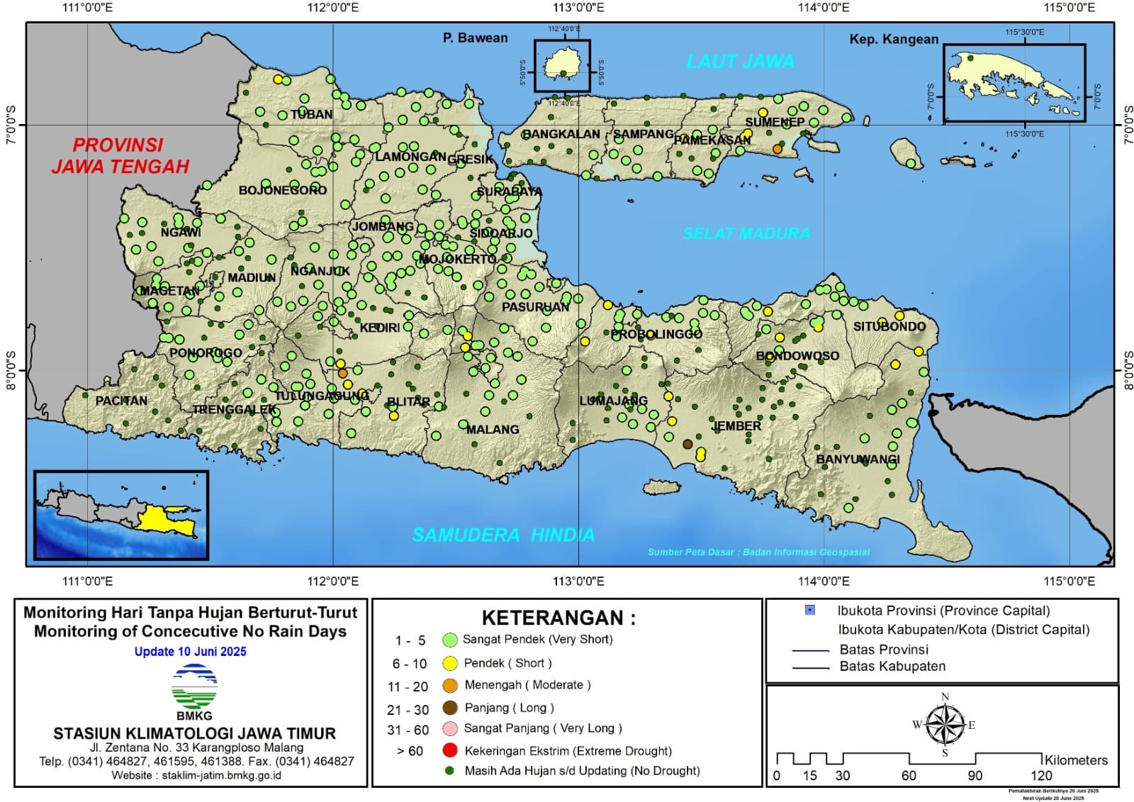 ( Analisis - Dasarian ) Monitoring Hari Tanpa Hujan Berturut-Turut Update 10 Juni Tahun 2025 di Provinsi Jawa Timur