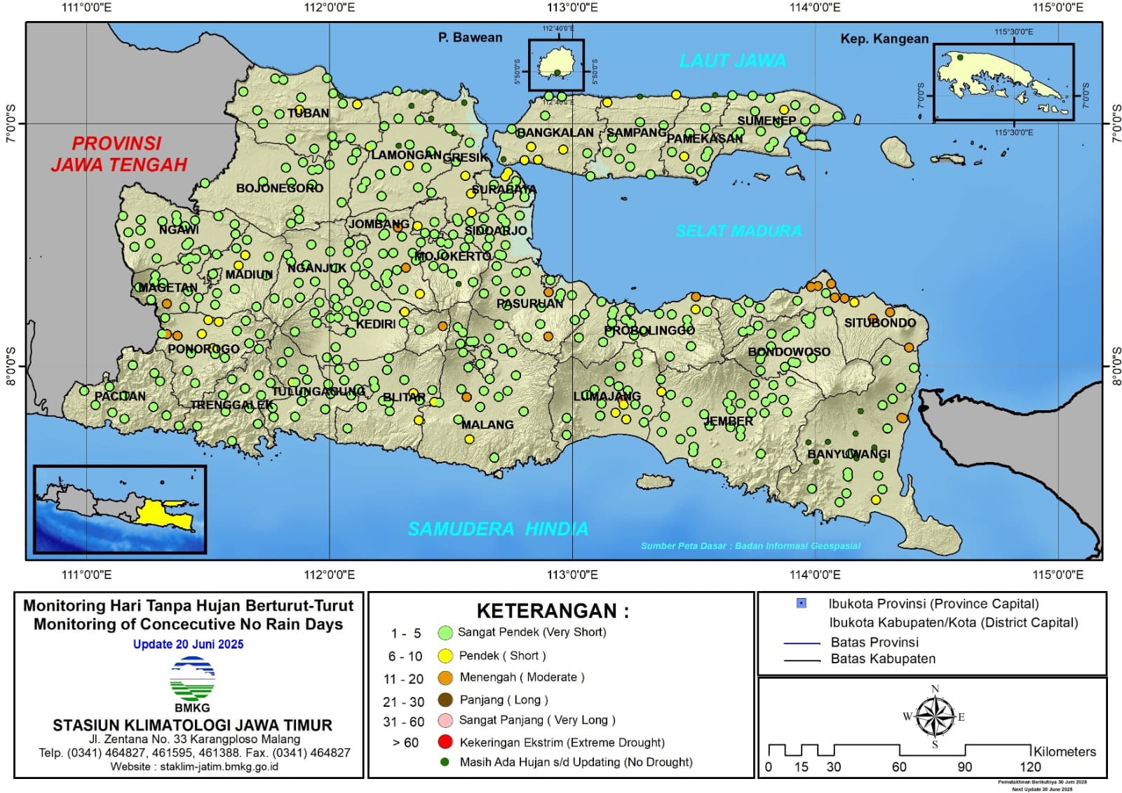( Analisis - Dasarian ) Monitoring Hari Tanpa Hujan Berturut-Turut Update 20 Juni Tahun 2025 di Provinsi Jawa Timur