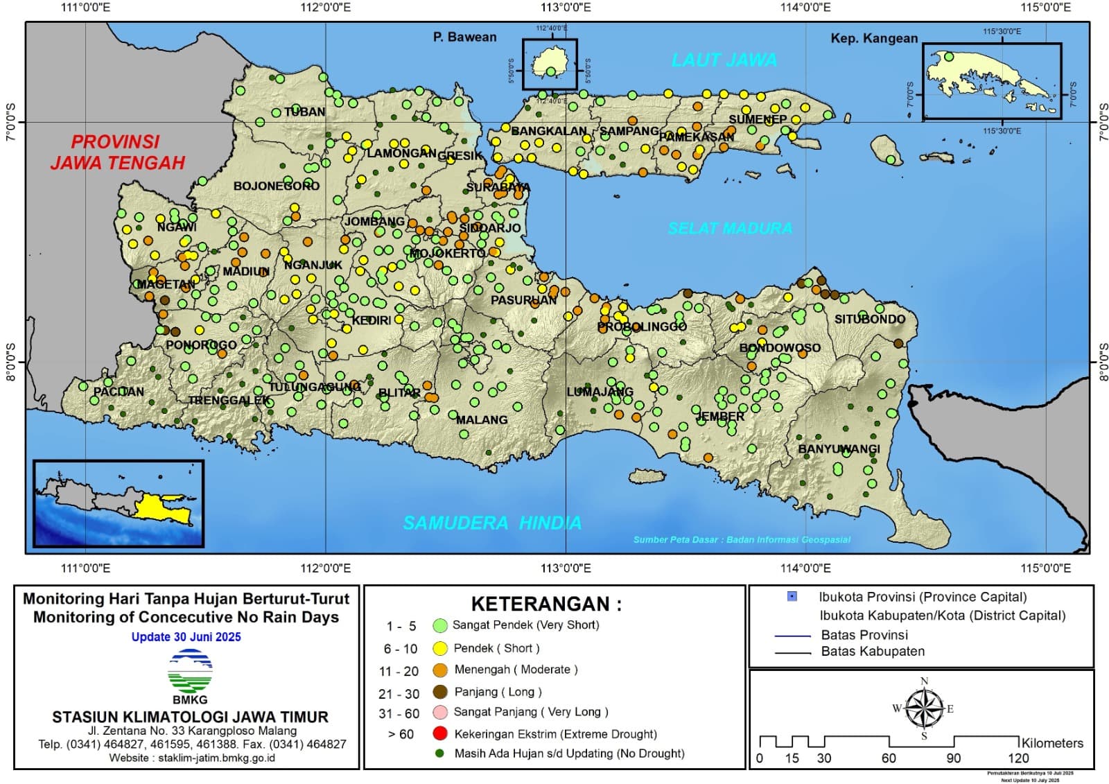 ( Analisis - Dasarian ) Monitoring Hari Tanpa Hujan Berturut-Turut Update 30 Juni Tahun 2025 di Provinsi Jawa Timur