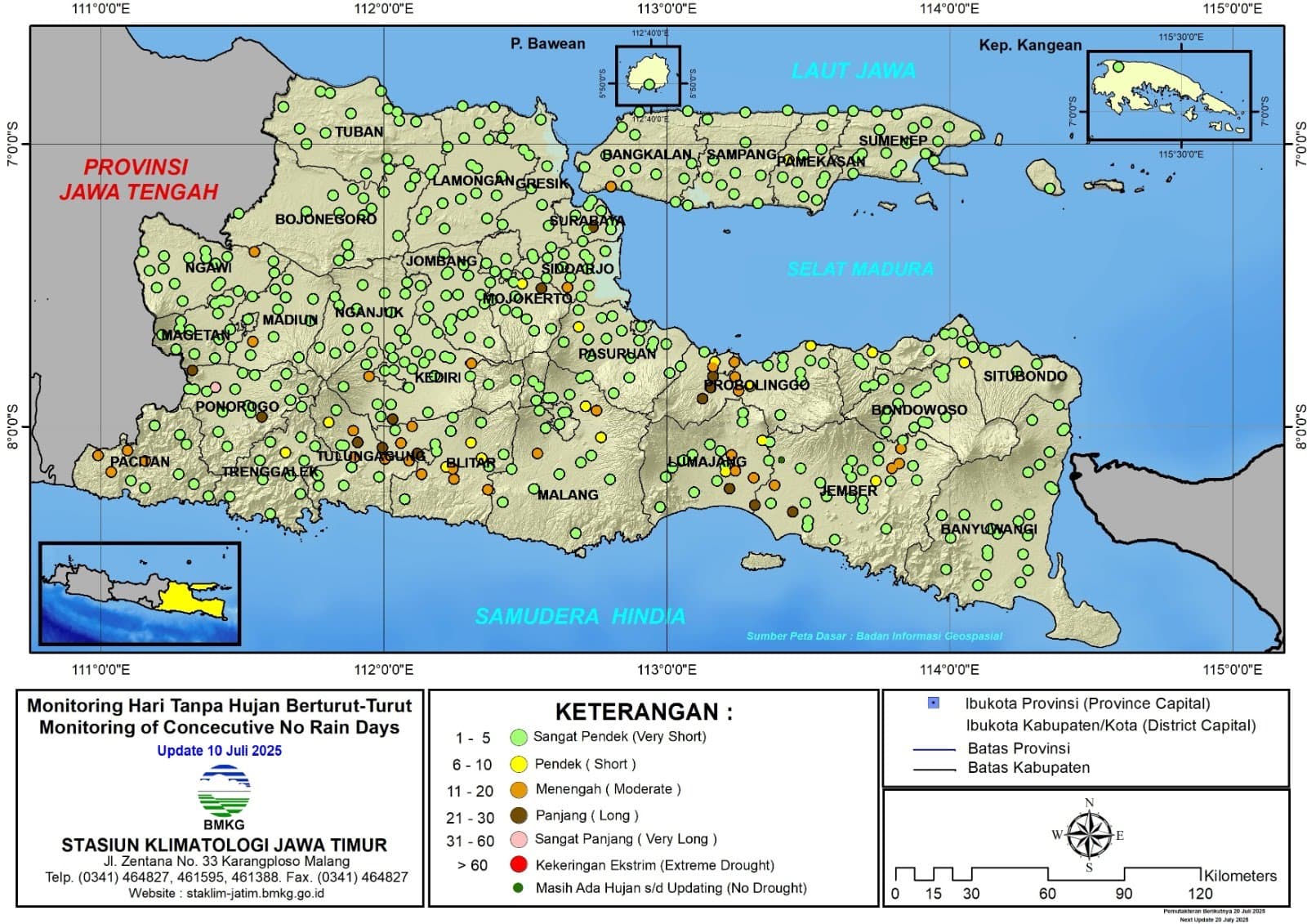 ( Analisis - Dasarian ) Monitoring Hari Tanpa Hujan Berturut-Turut Update 10 Juli Tahun 2025 di Provinsi Jawa Timur