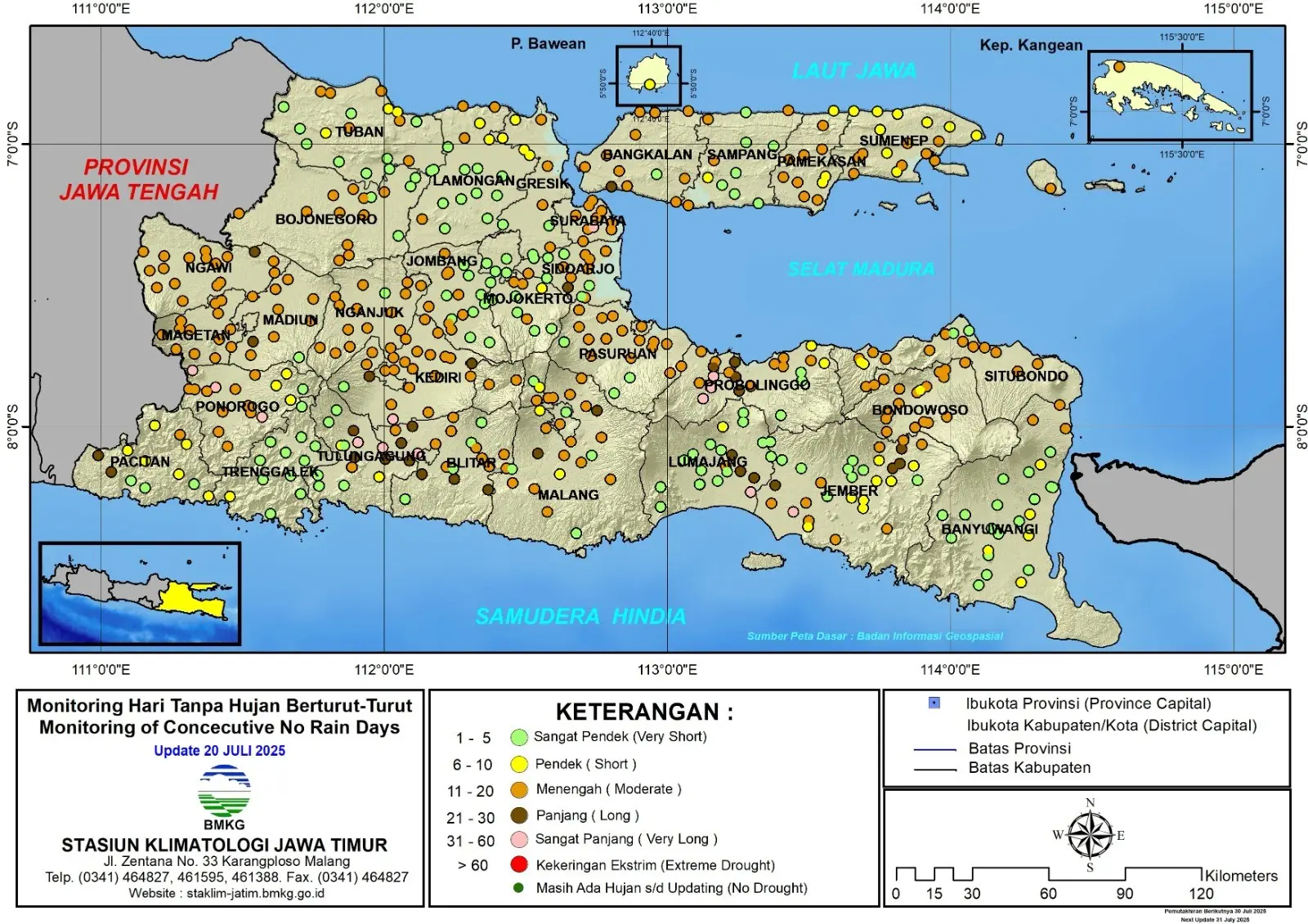 ( Analisis - Dasarian ) Monitoring Hari Tanpa Hujan Berturut-Turut Update 20 Juli Tahun 2025 di Provinsi Jawa Timur