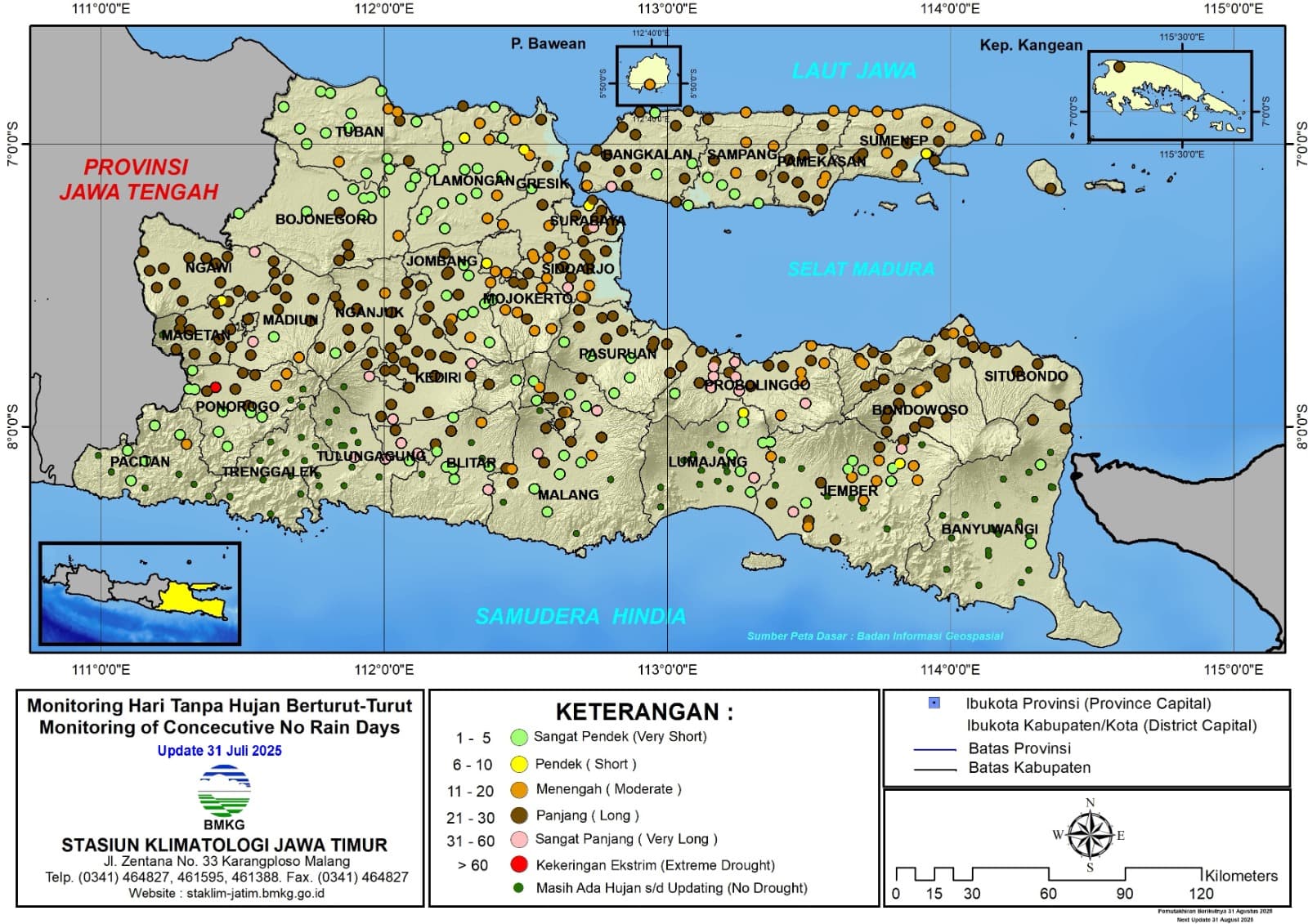 ( Analisis - Dasarian ) Monitoring Hari Tanpa Hujan Berturut-Turut Update 31 Juli Tahun 2025 di Provinsi Jawa Timur