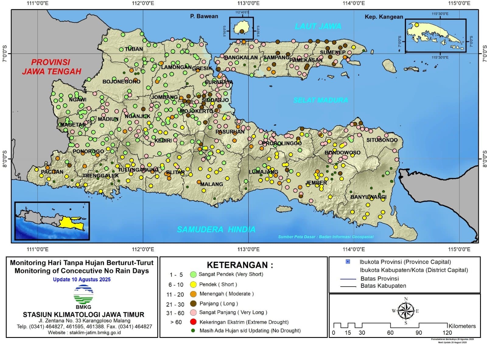 ( Analisis - Dasarian ) Monitoring Hari Tanpa Hujan Berturut-Turut Update 10 Agustus Tahun 2025 di Provinsi Jawa Timur