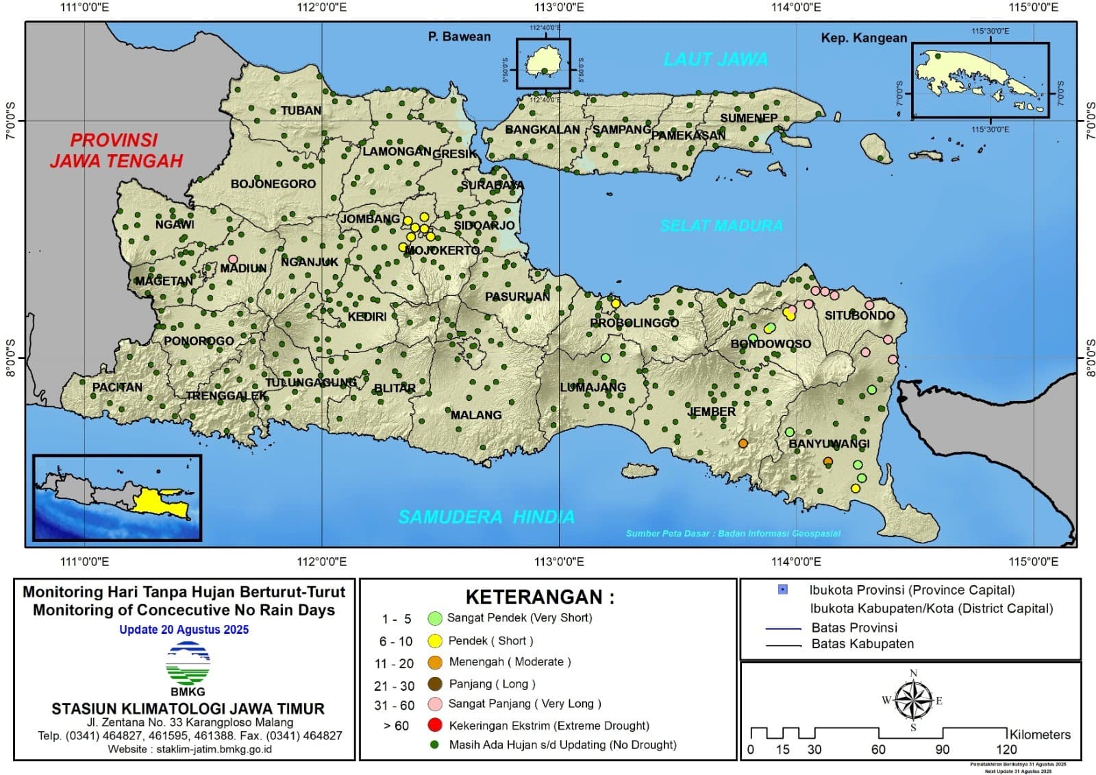 ( Analisis - Dasarian ) Monitoring Hari Tanpa Hujan Berturut-Turut Update 20 Agustus Tahun 2025 di Provinsi Jawa Timur