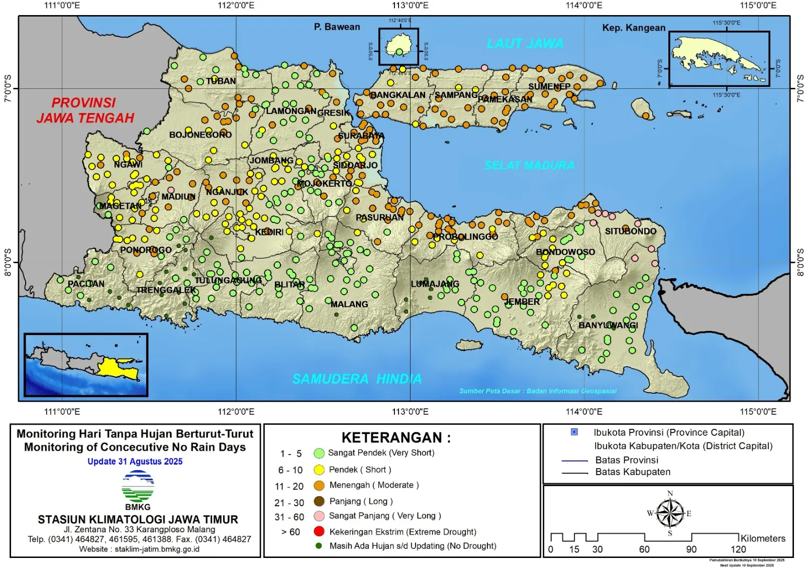( Analisis - Dasarian ) Monitoring Hari Tanpa Hujan Berturut-Turut Update 31 Agustus Tahun 2025 di Provinsi Jawa Timur
