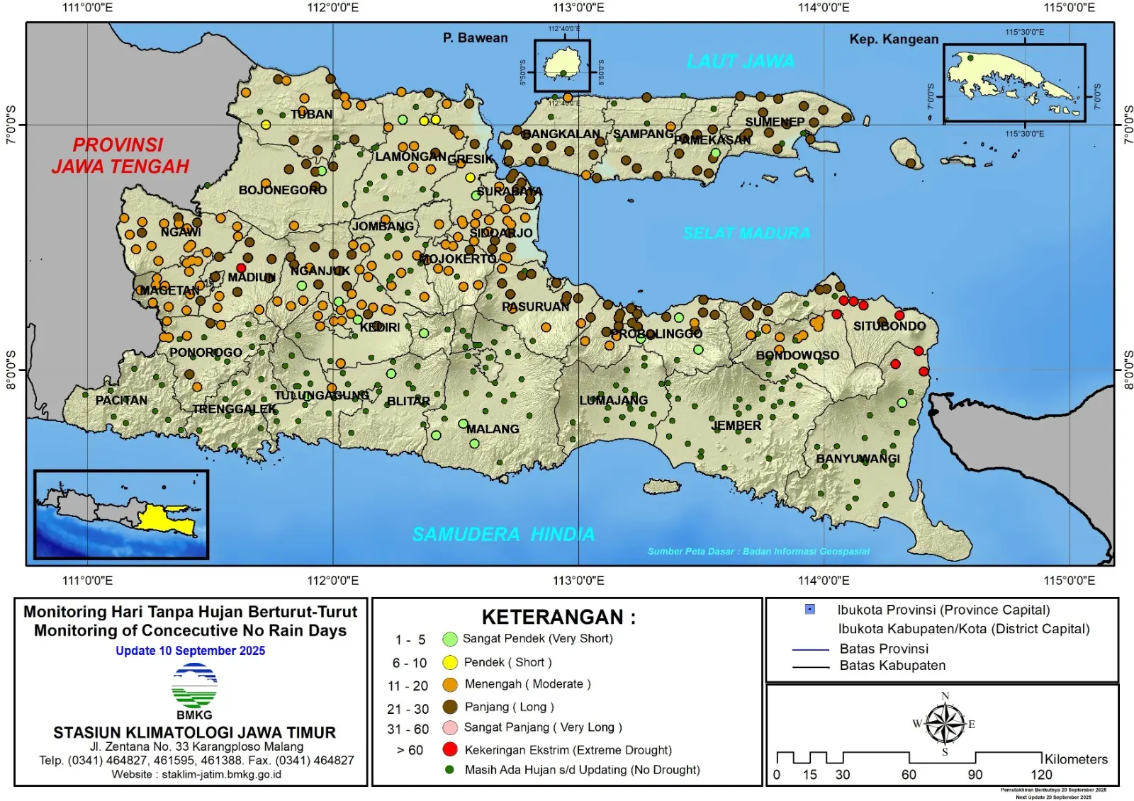 ( Analisis - Dasarian ) Monitoring Hari Tanpa Hujan Berturut-Turut Update 10 September Tahun 2025 di Provinsi Jawa Timur