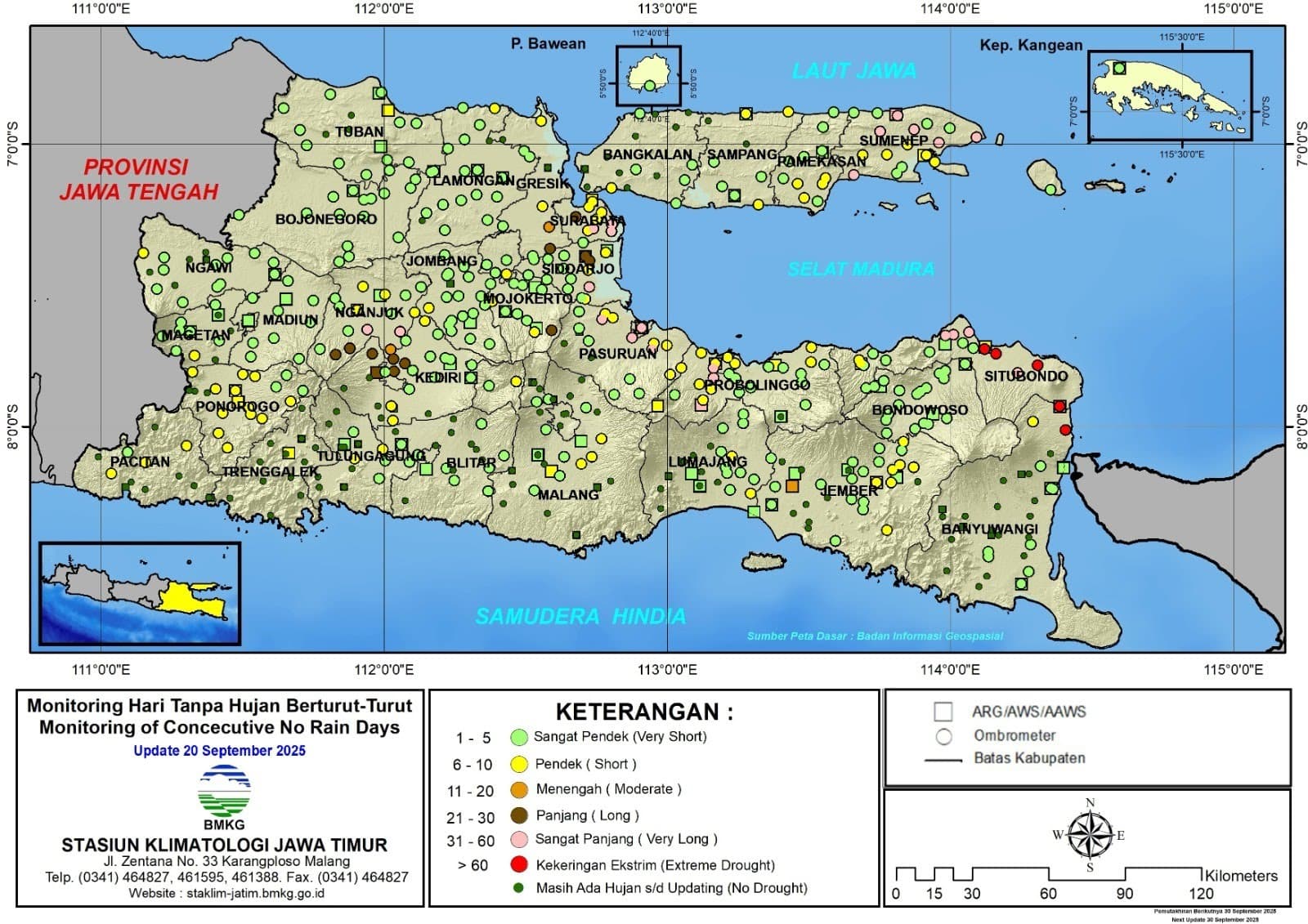 ( Analisis - Dasarian ) Monitoring Hari Tanpa Hujan Berturut-Turut Update 20 September Tahun 2025 di Provinsi Jawa Timur