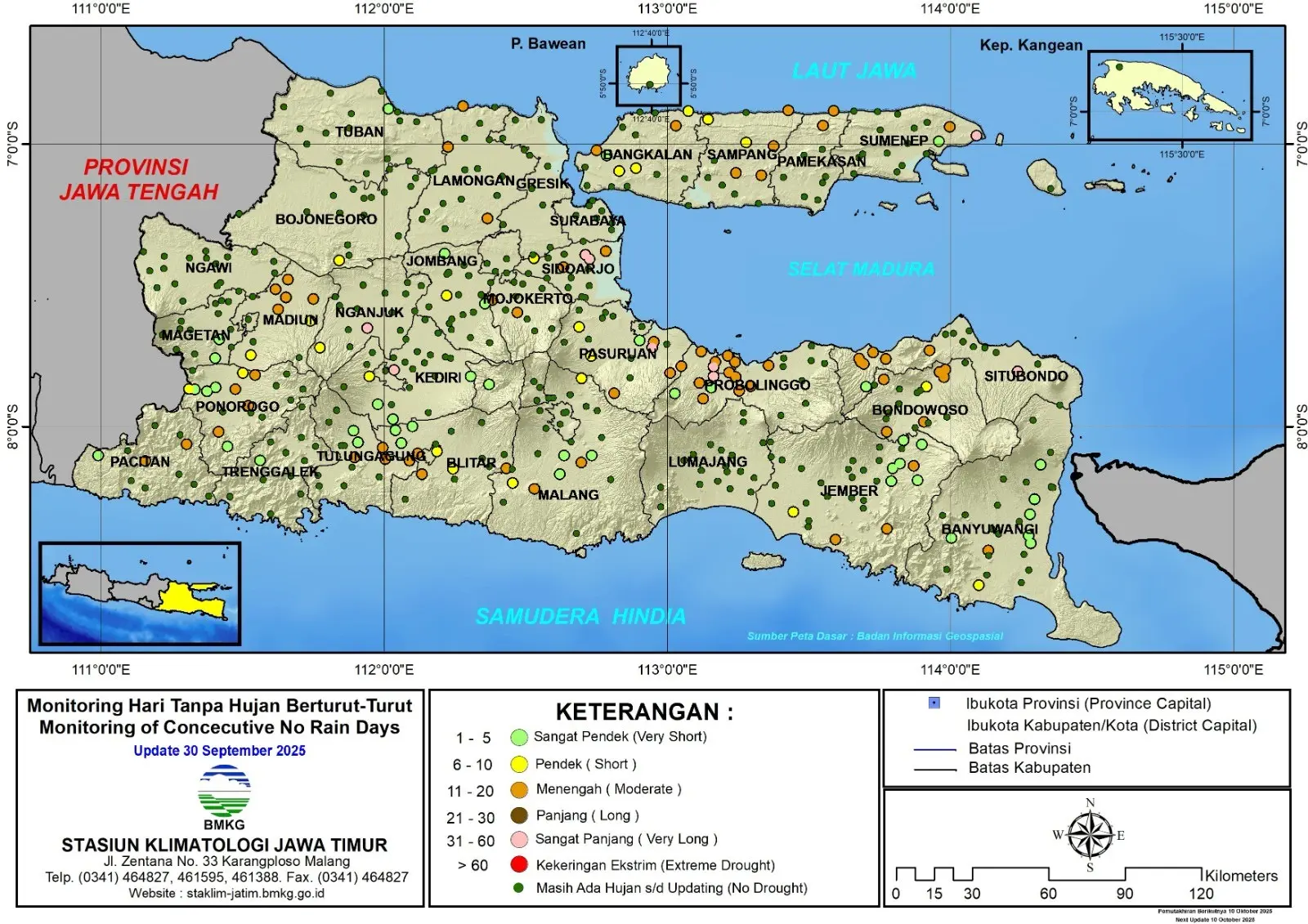 ( Analisis - Dasarian ) Monitoring Hari Tanpa Hujan Berturut-Turut Update 30 September Tahun 2025 di Provinsi Jawa Timur
