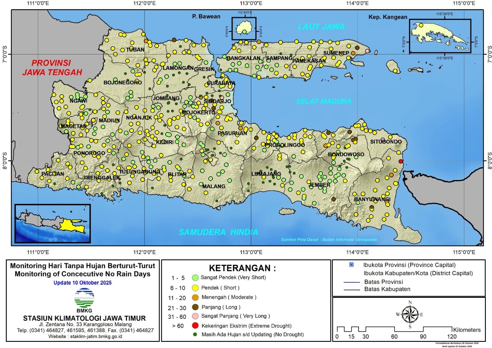 ( Analisis - Dasarian ) Monitoring Hari Tanpa Hujan Berturut-Turut Update 10 Oktober Tahun 2025 di Provinsi Jawa Timur