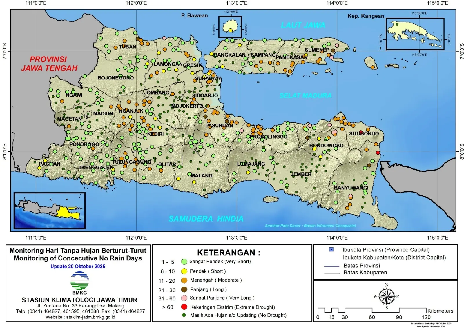( Analisis - Dasarian ) Monitoring Hari Tanpa Hujan Berturut-Turut Update 20 Oktober Tahun 2025 di Provinsi Jawa Timur