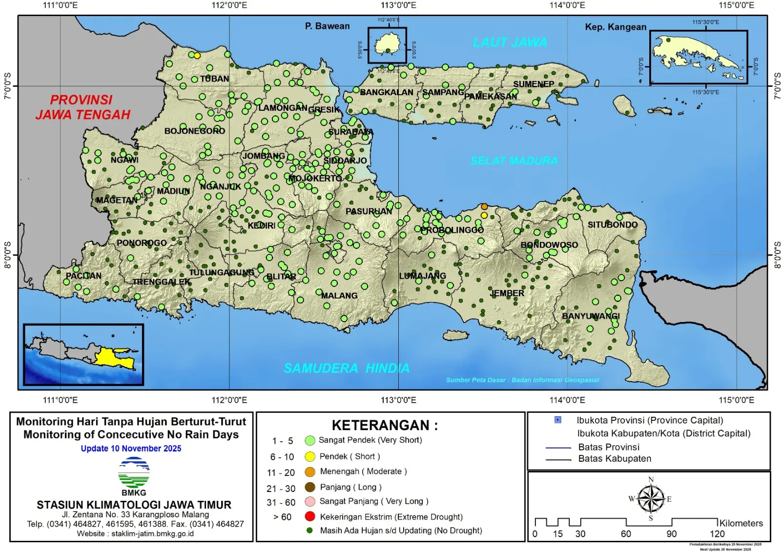 ( Analisis - Dasarian ) Monitoring Hari Tanpa Hujan Berturut-Turut Update 10 November Tahun 2025 di Provinsi Jawa Timur