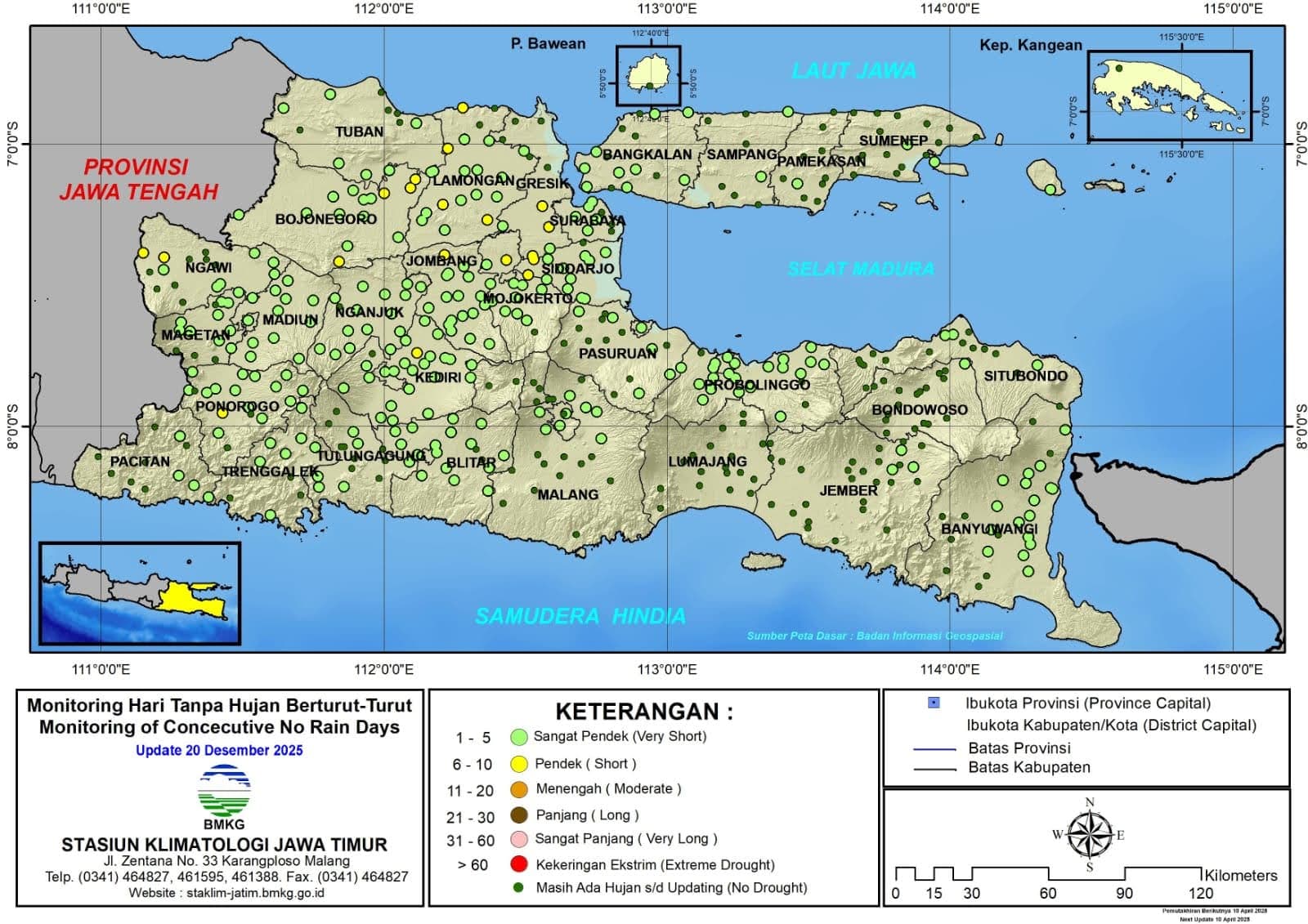 ( Analisis - Dasarian ) Monitoring Hari Tanpa Hujan Berturut-Turut Update 20 Desember Tahun 2025 di Provinsi Jawa Timur