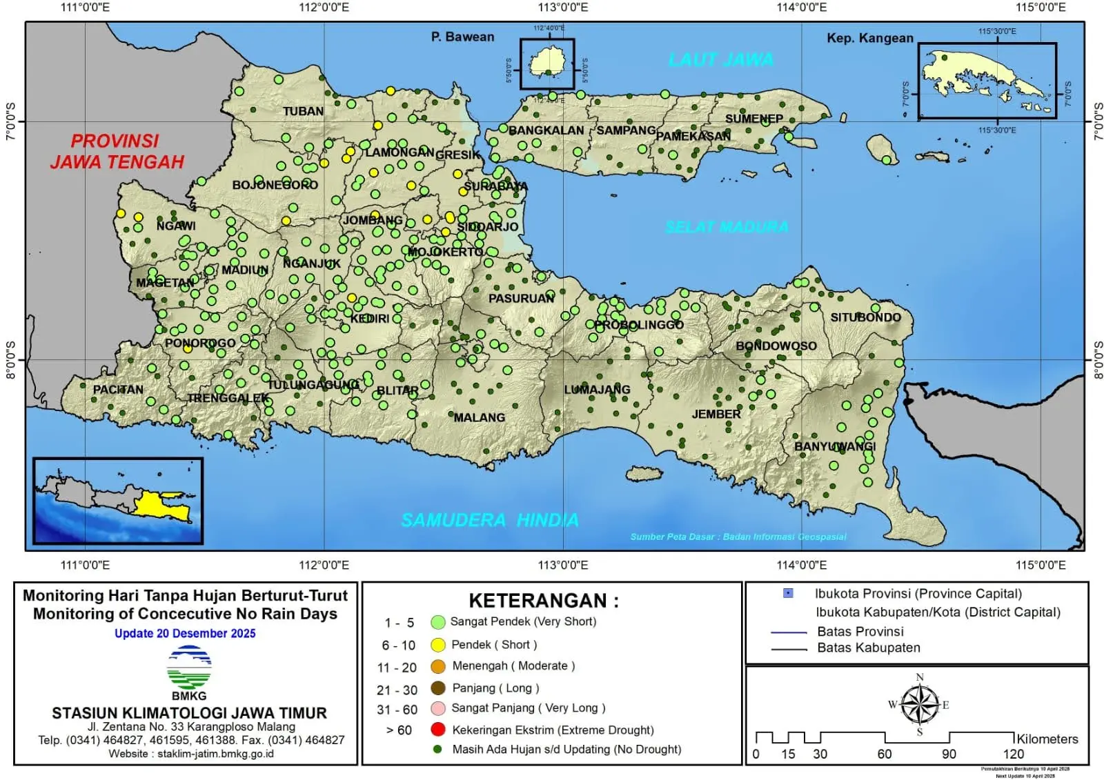 ( Analisis - Dasarian ) Monitoring Hari Tanpa Hujan Berturut-Turut Update 20 Desember Tahun 2025 di Provinsi Jawa Timur
