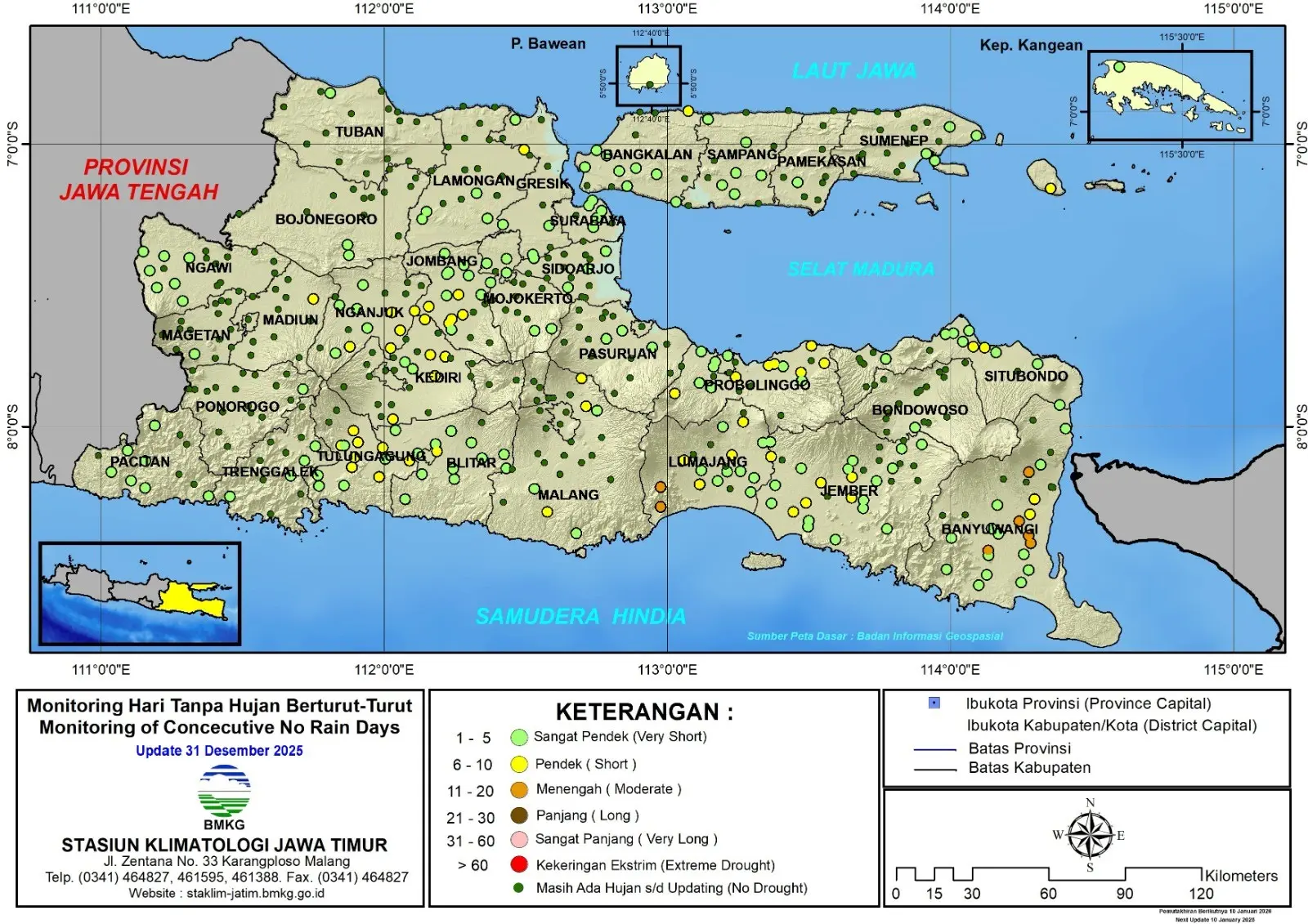 ( Analisis - Dasarian ) Monitoring Hari Tanpa Hujan Berturut-Turut Update 31 Desember Tahun 2025 di Provinsi Jawa Timur