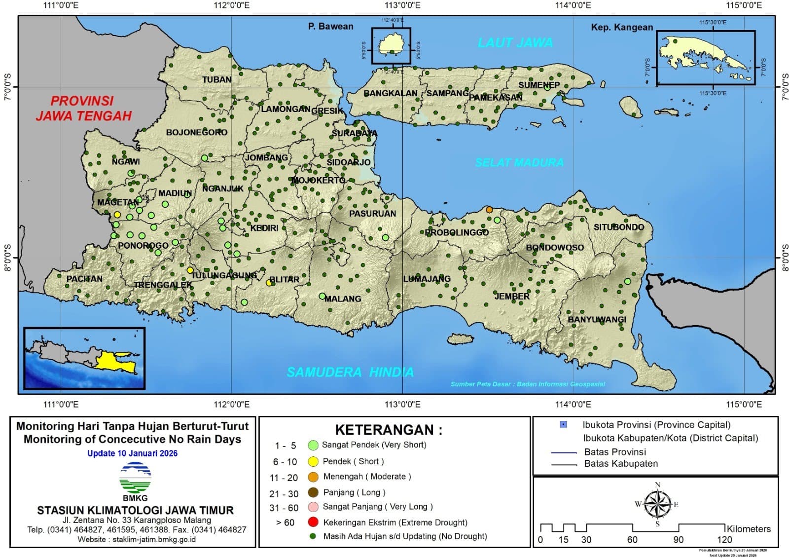 ( Analisis - Dasarian ) Monitoring Hari Tanpa Hujan Berturut-Turut Update 10 Januari Tahun 2026 di Provinsi Jawa Timur