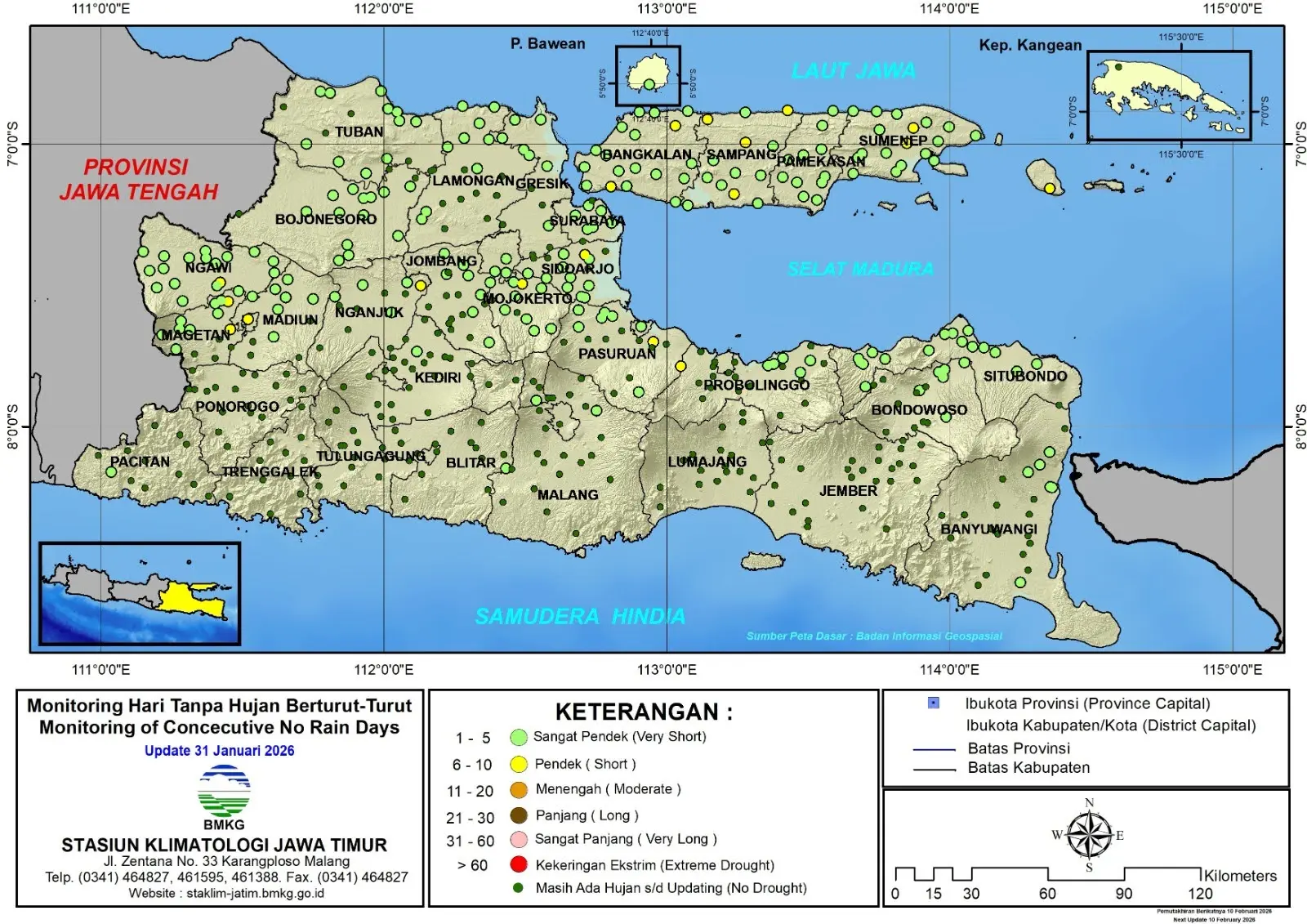 ( Analisis - Dasarian ) Monitoring Hari Tanpa Hujan Berturut-Turut Update 31 Januari Tahun 2026 di Provinsi Jawa Timur