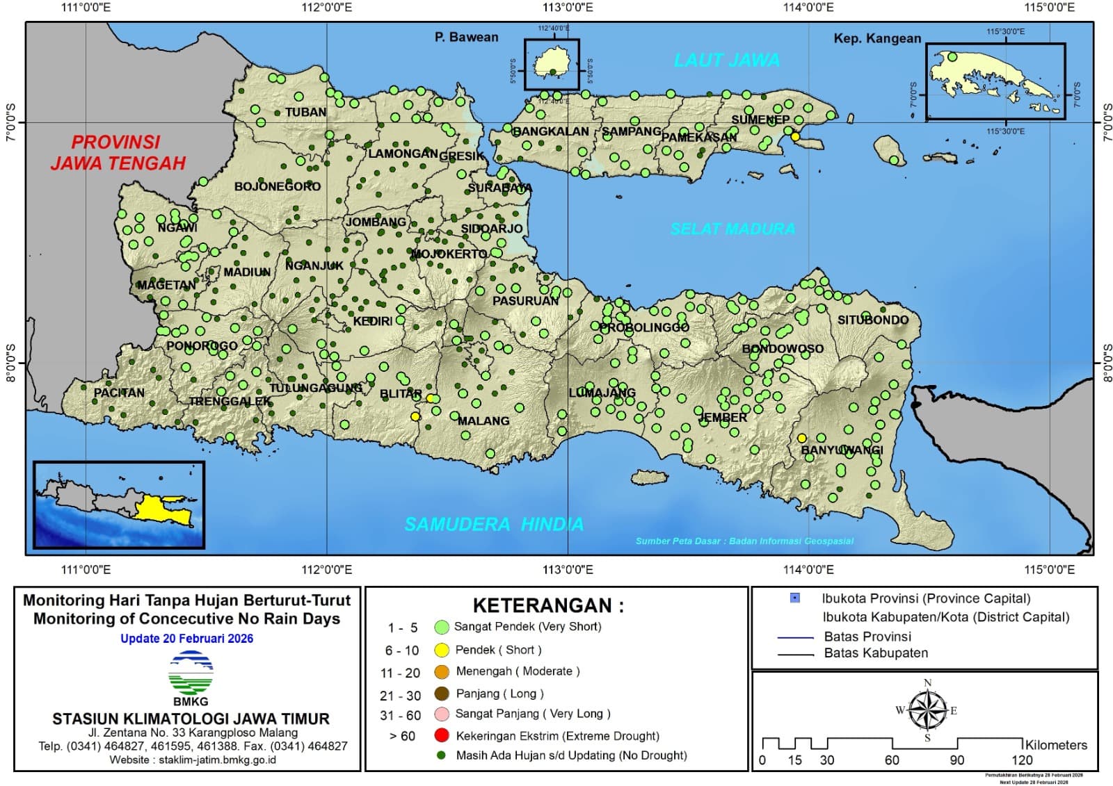 ( Analisis - Dasarian ) Monitoring Hari Tanpa Hujan Berturut-Turut Update 20 Februari Tahun 2026 di Provinsi Jawa Timur