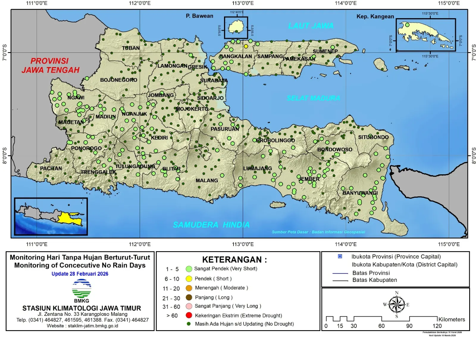 ( Analisis - Dasarian ) Monitoring Hari Tanpa Hujan Berturut-Turut Update 28 Februari Tahun 2026 di Provinsi Jawa Timur