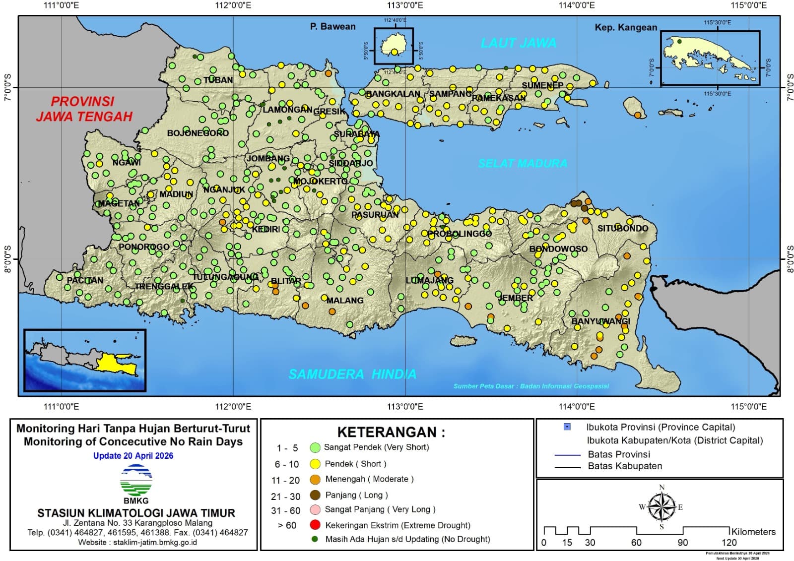 ( Analisis - Dasarian ) Monitoring Hari Tanpa Hujan Berturut-Turut Update 20 April Tahun 2026 di Provinsi Jawa Timur