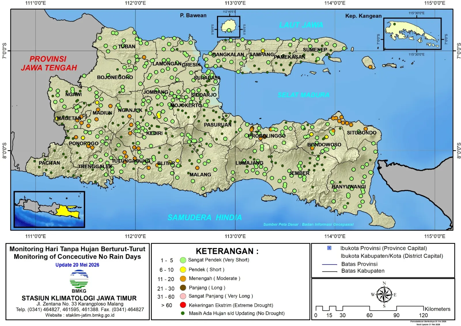 ( Analisis - Dasarian ) Monitoring Hari Tanpa Hujan Berturut-Turut Update 20 Mei Tahun 2026 di Provinsi Jawa Timur