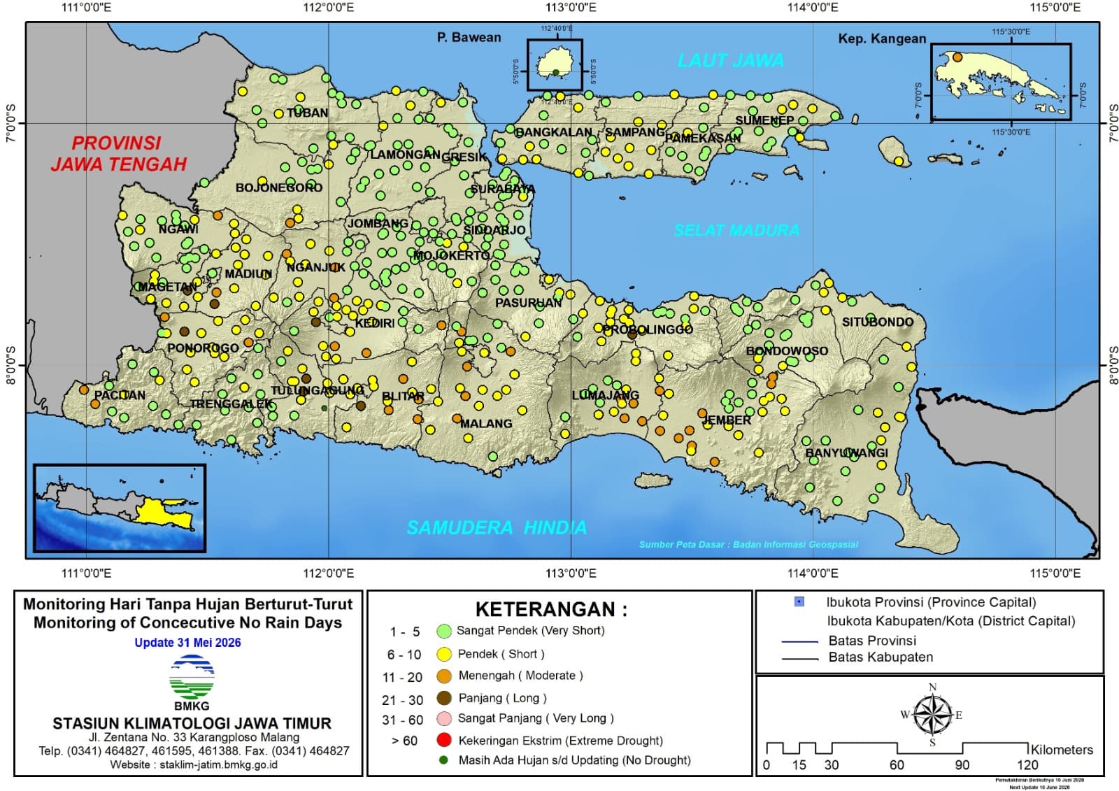 ( Analisis - Dasarian ) Monitoring Hari Tanpa Hujan Berturut-Turut Update 31 Mei Tahun 2026 di Provinsi Jawa Timur