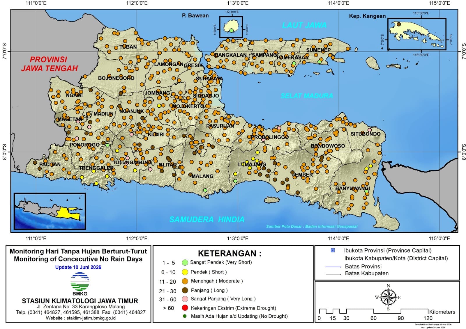 ( Analisis - Dasarian ) Monitoring Hari Tanpa Hujan Berturut-Turut Update 10 Juni Tahun 2026 di Provinsi Jawa Timur
