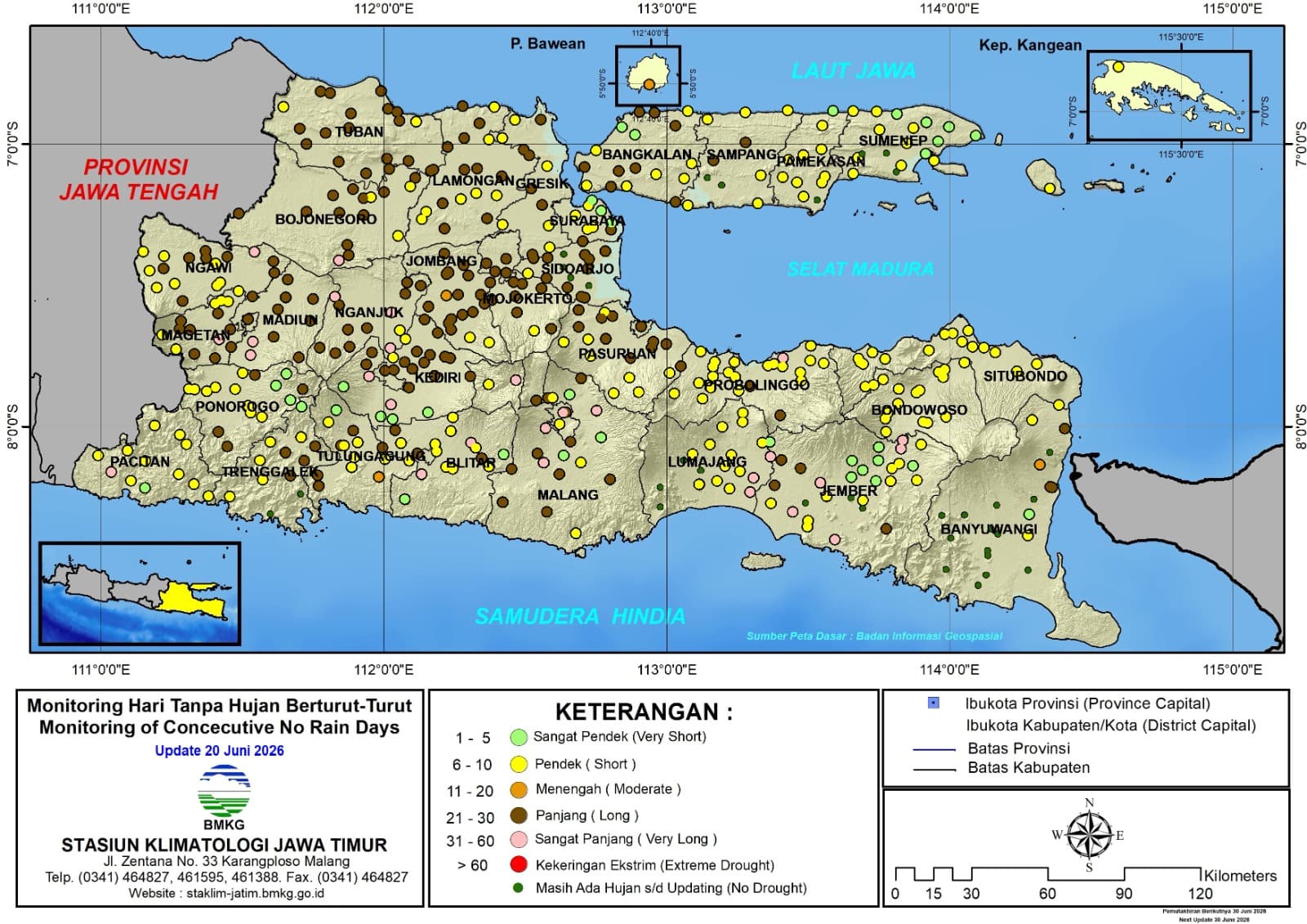( Analisis - Dasarian ) Monitoring Hari Tanpa Hujan Berturut-Turut Update 20 Juni Tahun 2026 di Provinsi Jawa Timur